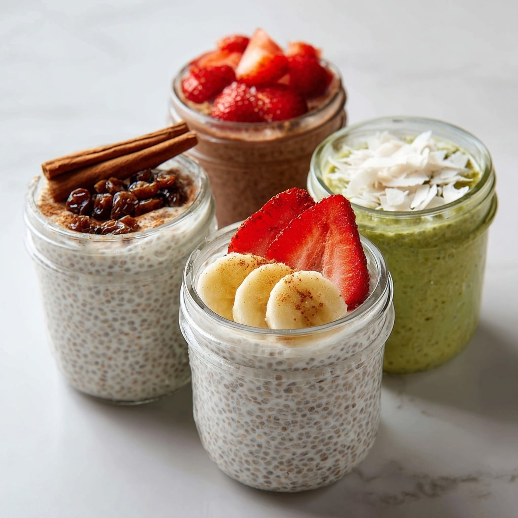 Four small clear glass jars filled with different chia puddings are placed on a white marbled surface with a soft white marbled background. The first jar on the left has a gray chia pudding with a light yellow layer inside and is topped with a strawberry slice and white cream. The second jar in front has a light gray chia pudding with a visible creamy texture, topped with dark blue blueberries and a brown cinnamon stick. The third jar contains a smooth chocolate-colored pudding topped with red fruit pieces, and the fourth jar has a green chia pudding with a creamy white layer on top and shredded coconut sprinkled over it. Photo taken with an iphone --ar 4:5 --v 7