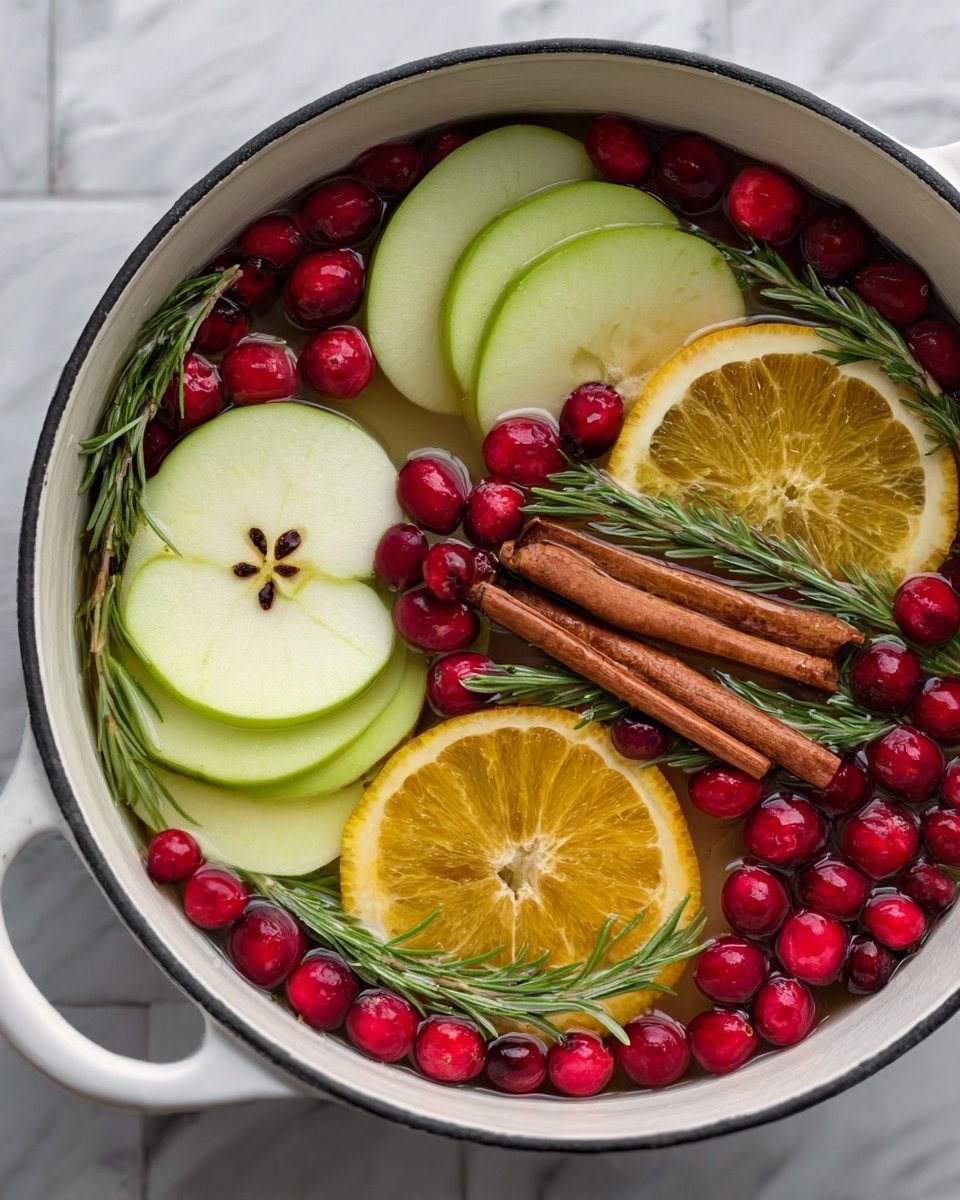 A top view of a black pot filled with liquid, filled with bright red cranberries scattered over the surface, on one side four thin yellow-orange lemon slices partially stacked, on the other side fresh green rosemary sprigs beside three brown cinnamon sticks, all sitting on a red and white checkered cloth over a white marbled surface, photo taken with an iphone --ar 4:5 --v 7