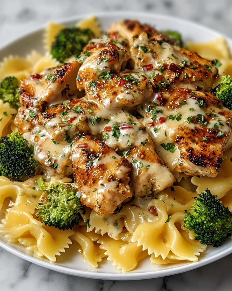A white plate holds a layered dish starting with a base of farfalle pasta, light golden yellow in color with a smooth, slightly shiny texture, and scattered small red bell pepper cubes. On top, there are browned pieces of chicken coated in a creamy, thick light brown sauce with melted cheese parts and sprinkled green parsley leaves. Bright green broccoli florets peek from beneath the chicken, adding color contrast. The sauce looks rich and slightly glossy, covering the chicken and some pasta, giving the dish a hearty and inviting look. Photo taken with an iphone --ar 4:5 --v 7