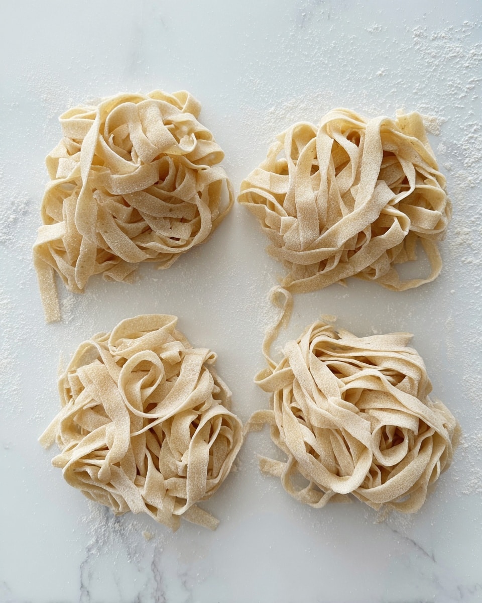 Four separate small piles of fresh, uncooked pasta nests lie on a white marbled surface, each nest showing long, flat ribbons of pale beige dough with a slightly rough texture indicating a dusting of flour. The pasta strands are loosely coiled and vary slightly in thickness and length, with some ends sticking out gently. The flour adds a soft, powdery look that highlights the natural color of the dough against the smooth white marble beneath. The arrangement is clean and simple, with equal spacing between each pile, creating a neat, organized display. Photo taken with an iphone --ar 4:5 --v 7