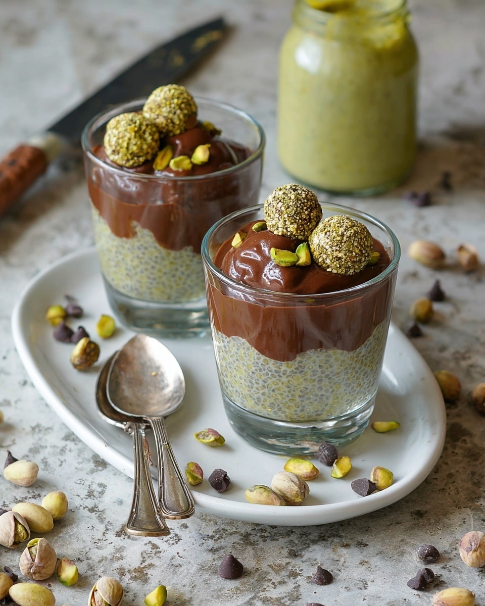 Two clear glass cups sit on a small white plate, each filled with a two-layer dessert. The bottom layer is light-colored with black seeds mixed in, smooth and thick. The top layer is a glossy, rich chocolate brown custard covering the surface, with small round balls and sprinkled chopped green pistachios on top. Around the plate are scattered whole pistachios and light brown round balls. In the background, a small jar with a spread and a bottle with a pale liquid are placed on a white marbled texture. Photo taken with an iphone --ar 4:5 --v 7