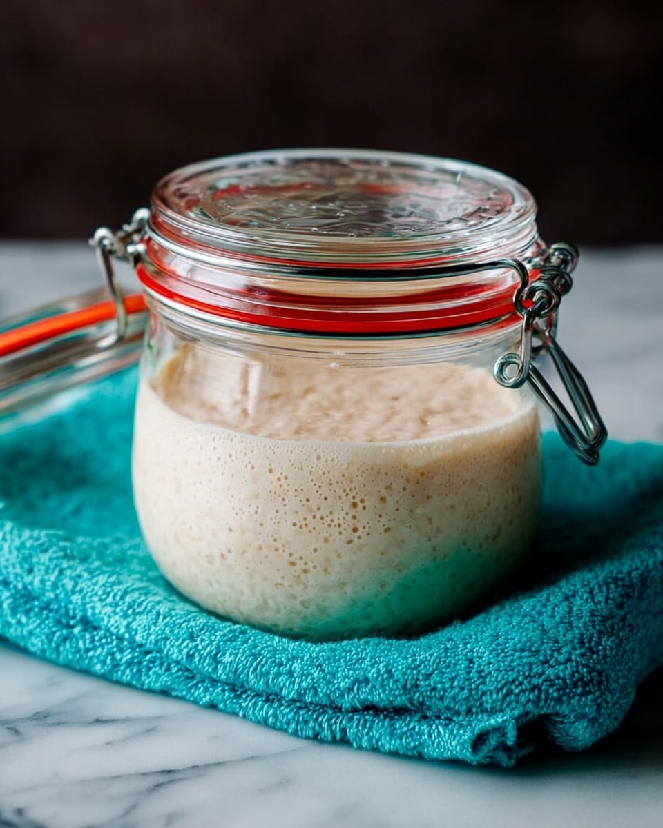 A close-up image of a glass jar filled with bubbly, light beige sourdough starter that has visible air bubbles throughout, giving a frothy texture. The jar has a clear glass lid with a red rubber seal propped open and a blue cloth with a white grid pattern placed loosely under the lid. The jar sits on a white marbled surface, with a dark blurred background behind. Photo taken with an iphone --ar 4:5 --v 7
