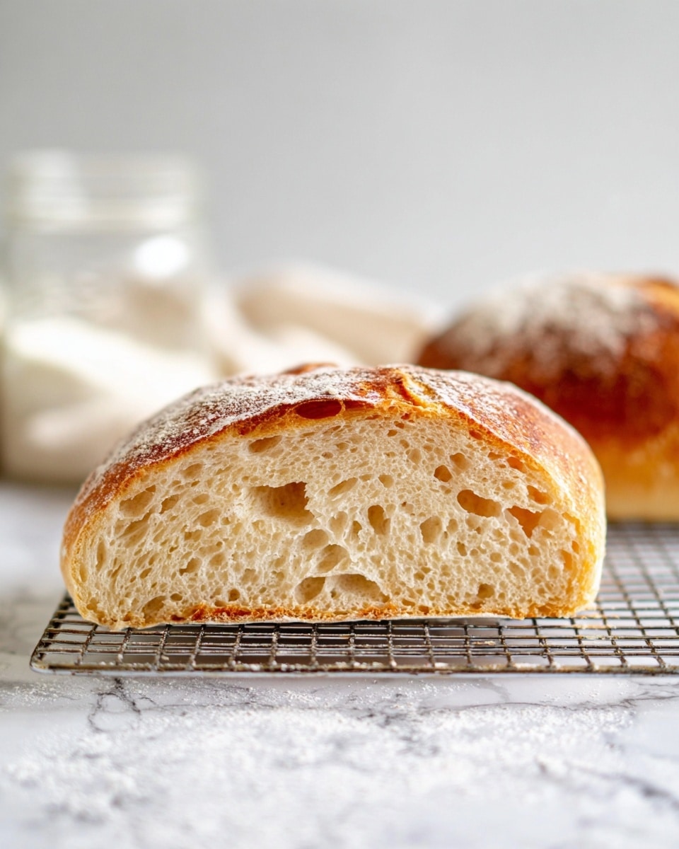 The image shows a close-up of a half loaf of bread resting on a black metal cooling rack over a white marbled surface. The bread has a golden brown, slightly crispy crust on top with a dusting of flour, and the inside is light beige with many small and medium holes giving it a soft, airy texture. Behind it, two whole rounds of similar bread with white flour dusting are blurred in the background against a white marbled wall. The colors are warm and natural, highlighting the fresh bread texture. photo taken with an iphone --ar 4:5 --v 7
