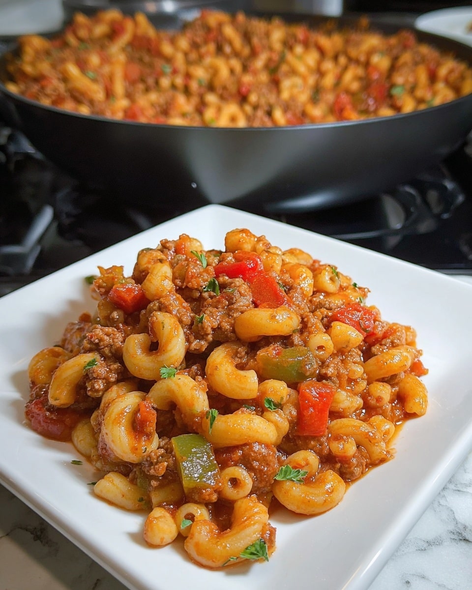A white square plate holds a serving of macaroni pasta mixed with a reddish-brown meat sauce that includes pieces of ground meat and diced red and green bell peppers. The sauce coats the pasta evenly, with small bits of tomato and finely chopped herbs sprinkled on top. In the background, a black pan filled with more of the same pasta and meat sauce sits on a stove with a white marbled surface around it. The colors are warm with rich reds, browns, and hints of green. photo taken with an iphone --ar 4:5 --v 7