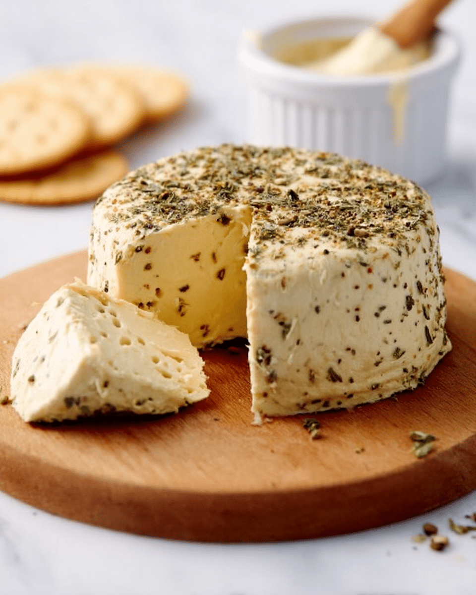 The image shows a round cheese wheel with a wedge cut out, revealing a creamy, pale yellow inside with a smooth texture. The cheese is covered in a coating of mixed herbs and spices, giving it a speckled brown and green appearance on the outside. The cheese sits on a wooden board with some round crackers placed off to the side. In the background, there is a white ramekin filled with softened butter and a wooden butter knife resting on top. The scene is set on a white marbled surface. photo taken with an iphone --ar 4:5 --v 7