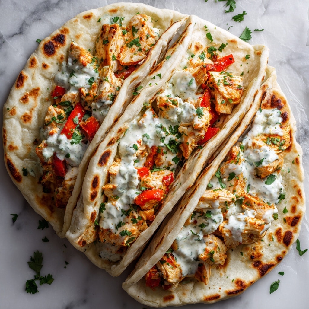 The image shows soft, lightly browned flat pita bread folded open, holding bright orange chunks of cooked chicken mixed with bits of roasted red peppers. The chicken pieces are covered in creamy white herby ranch dressing with small green herb specks, adding a fresh look. Fresh bright green cilantro leaves are sprinkled over the top for color and texture. The pitas rest on a flat baking sheet with a neutral parchment paper underneath, all placed on a white marbled surface. photo taken with an iphone --ar 4:5 --v 7