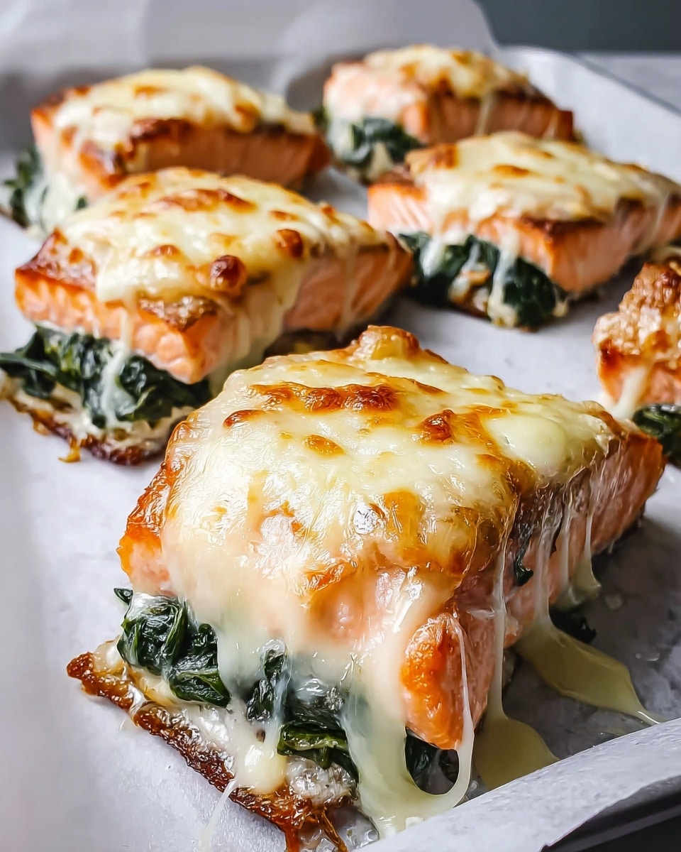 The image shows several pieces of cooked salmon arranged on a white tray covered with white parchment paper. Each piece has three clear layers: the bottom is pink-orange cooked salmon flesh, the middle layer is dark green cooked spinach leaves, and the top layer is melted white cheese with golden-brown spots, slightly bubbling and dripping over the sides. The texture of the cheese is creamy yet crisp on top, and the spinach looks soft and wilted. The background is a white marbled texture. photo taken with an iphone --ar 4:5 --v 7