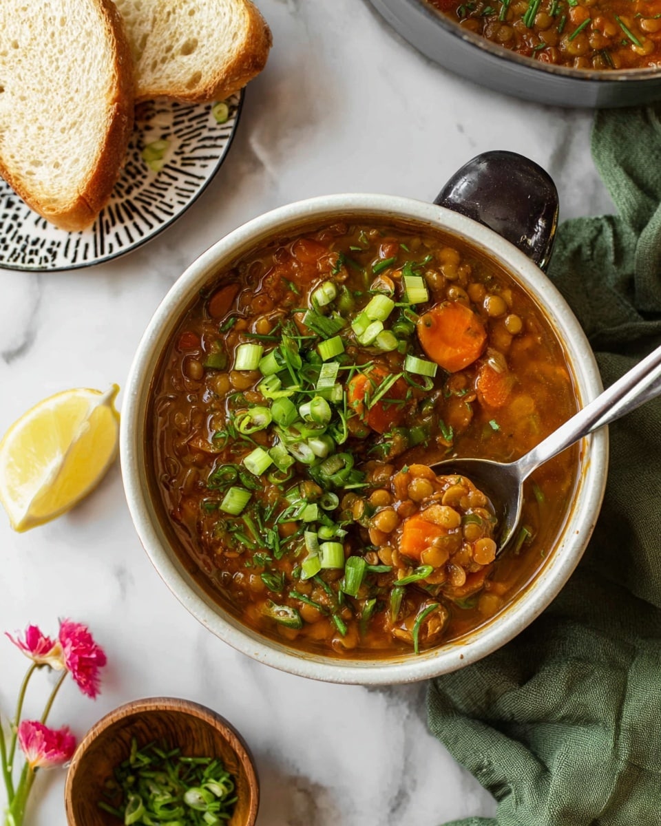 A close-up of a dark brown textured soup bowl with a handle, filled with a warm orange broth with visible chunks of vegetables like carrots and green beans, topped with a generous layer of bright green chopped scallions scattered on top, and a spoon resting inside near the right edge of the bowl, all placed on a green cloth with a white marbled surface background. In the blurred background, there is another bowl and a small light brown container holding sliced garlic. Photo taken with an iphone --ar 4:5 --v 7