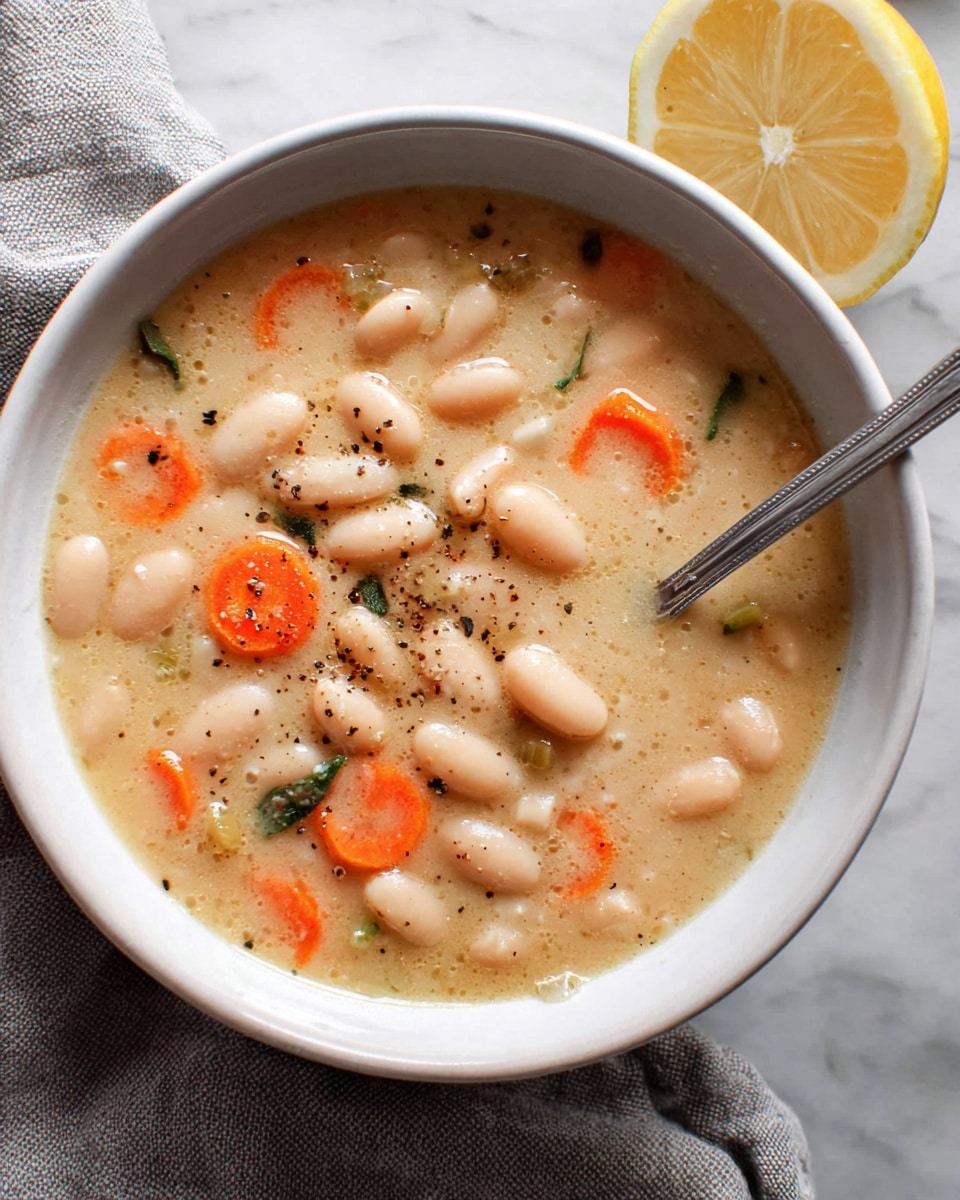 A white bowl is filled with creamy white bean soup that has visible rounds of orange carrots and small pieces of green herbs spread throughout. The soup has a thick broth with contrasting black pepper specks on the top. A silver spoon is placed inside the bowl on the right side. The bowl rests on a folded gray cloth, all set on a white marbled surface, with a half lemon placed near the top left corner. photo taken with an iphone --ar 4:5 --v 7