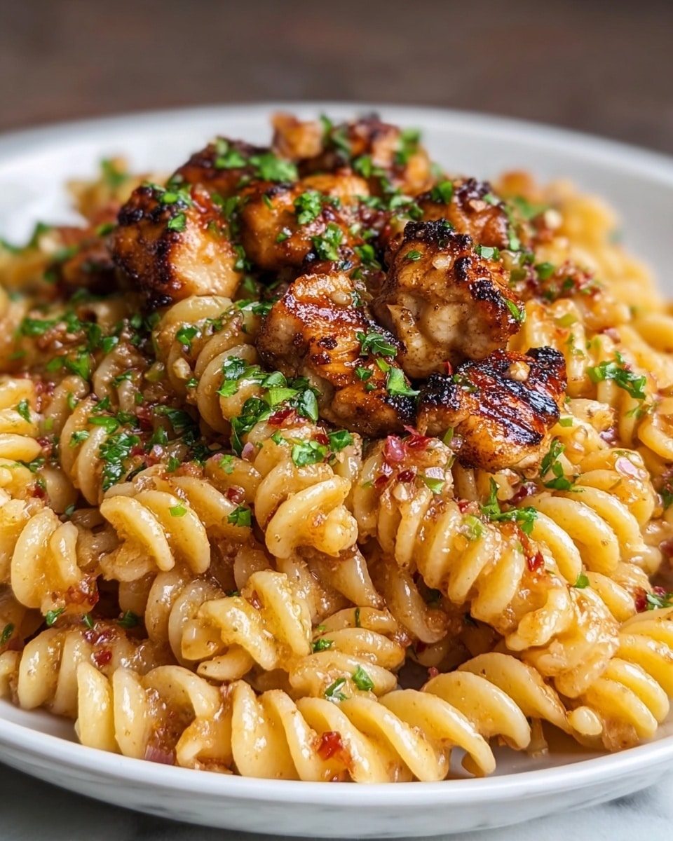 A close-up image of a white shallow plate filled with spiral pasta coated in a glossy, slightly oily sauce with small red pepper pieces evenly mixed throughout. On top of the pasta, there are several pieces of well-grilled chicken, golden brown with charred marks and a textured crust. The chicken pieces are sprinkled generously with finely chopped green herbs, adding color contrast. The white plate sits on a white marbled surface, creating a clean and bright background. photo taken with an iphone --ar 4:5 --v 7
