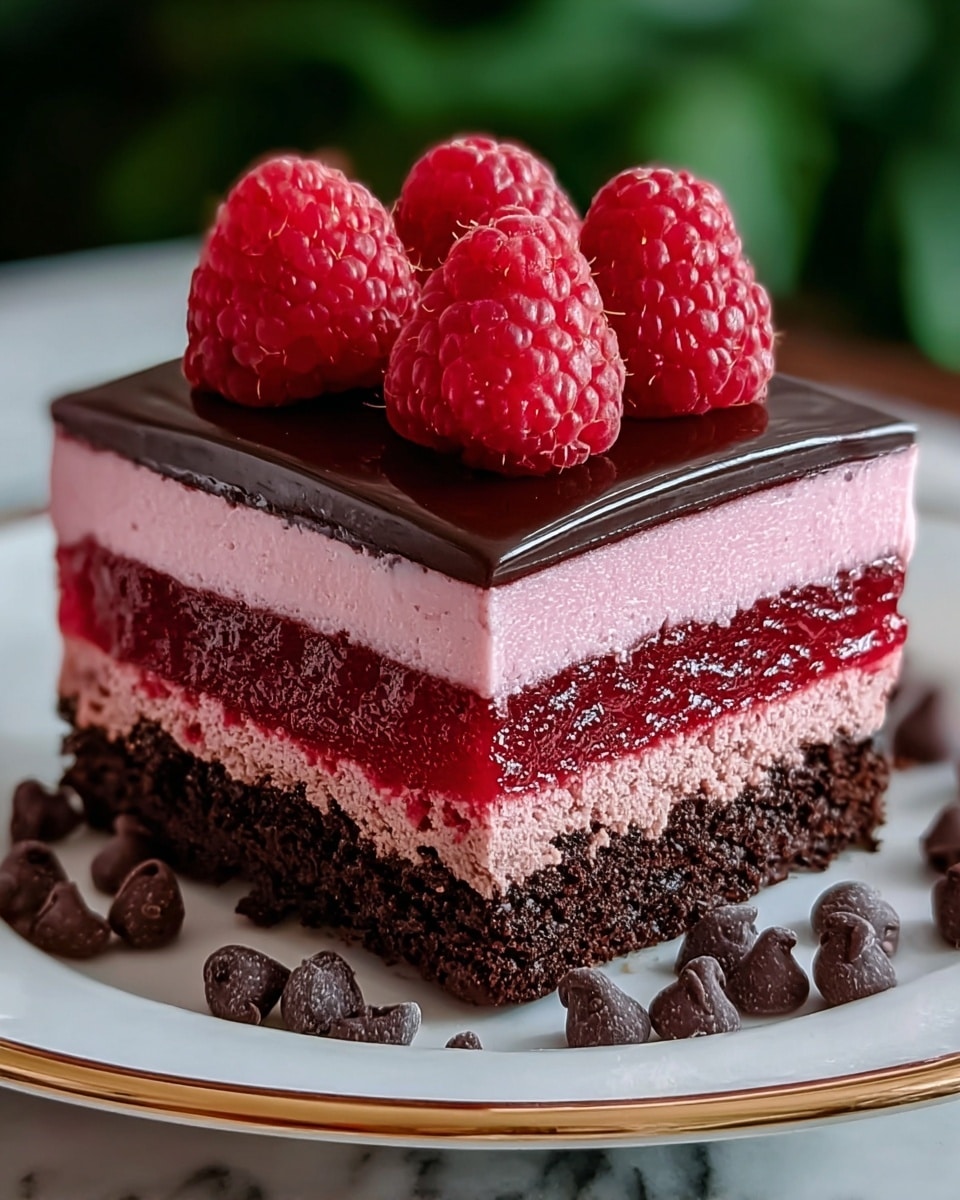 A square slice of layered chocolate raspberry cake is placed on a white plate, showing five distinct layers: a bottom thick dark chocolate cake layer, followed by a smooth bright red raspberry jelly layer, then a light pink creamy raspberry mousse layer, topped with a dark chocolate cake layer, and finished with a shiny dark chocolate ganache on top. Fresh whole raspberries are arranged neatly on the ganache, and dark chocolate chips are scattered around the base on the plate. The background is a softly blurred white marbled surface. Photo taken with an iphone --ar 4:5 --v 7