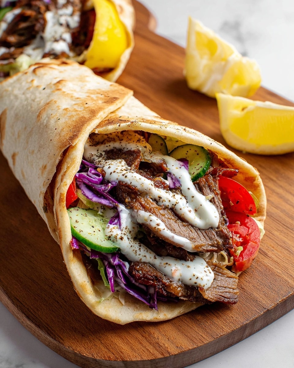A close-up of two rolled flatbread wraps on a wooden board over a white marbled texture, each filled with shredded grilled meat showing a dark brown crunchy texture, bright green lettuce at the base, purple cabbage pieces, thin slices of cucumber, and halved red cherry tomatoes. The wraps are topped with a white creamy sauce drizzled unevenly, with a light dusting of black pepper over the sauce and meat. In the background, two lemon wedges sit on the board adding a splash of yellow color. photo taken with an iphone --ar 4:5 --v 7