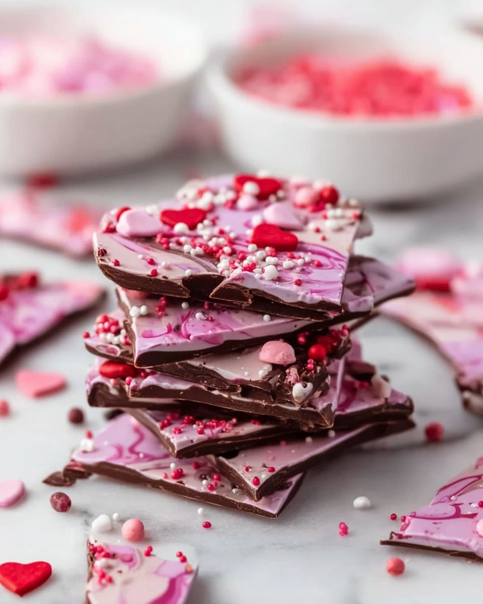 The image shows several broken pieces of chocolate bark stacked on top of each other on a white marbled surface. Each piece has two visible layers: a dark brown chocolate base and a thick, smooth pink topping. The pink layer is decorated with various small sprinkles that are round and rod-shaped in different shades of pink, along with occasional red heart shapes. Some pieces show a swirl of darker chocolate mixed into the pink layer. The edges of the bark pieces are uneven, highlighting their brittle texture. photo taken with an iphone --ar 4:5 --v 7