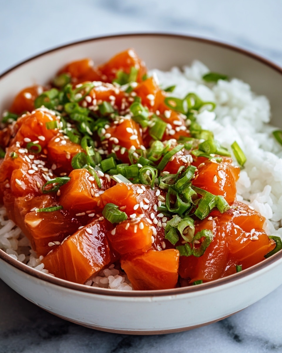 A white bowl filled with two main layers is shown on a white marbled surface. The bottom layer is plain white rice, soft and fluffy, taking up about half of the bowl. The top layer consists of bright orange chunks of raw salmon, cut into neat cubes, shiny with a glossy sauce coating, giving a fresh, wet texture. Scattered white sesame seeds add small, light details on the salmon. Bright green chopped scallions are sprinkled over the salmon, adding a fresh color contrast. photo taken with an iphone --ar 4:5 --v 7