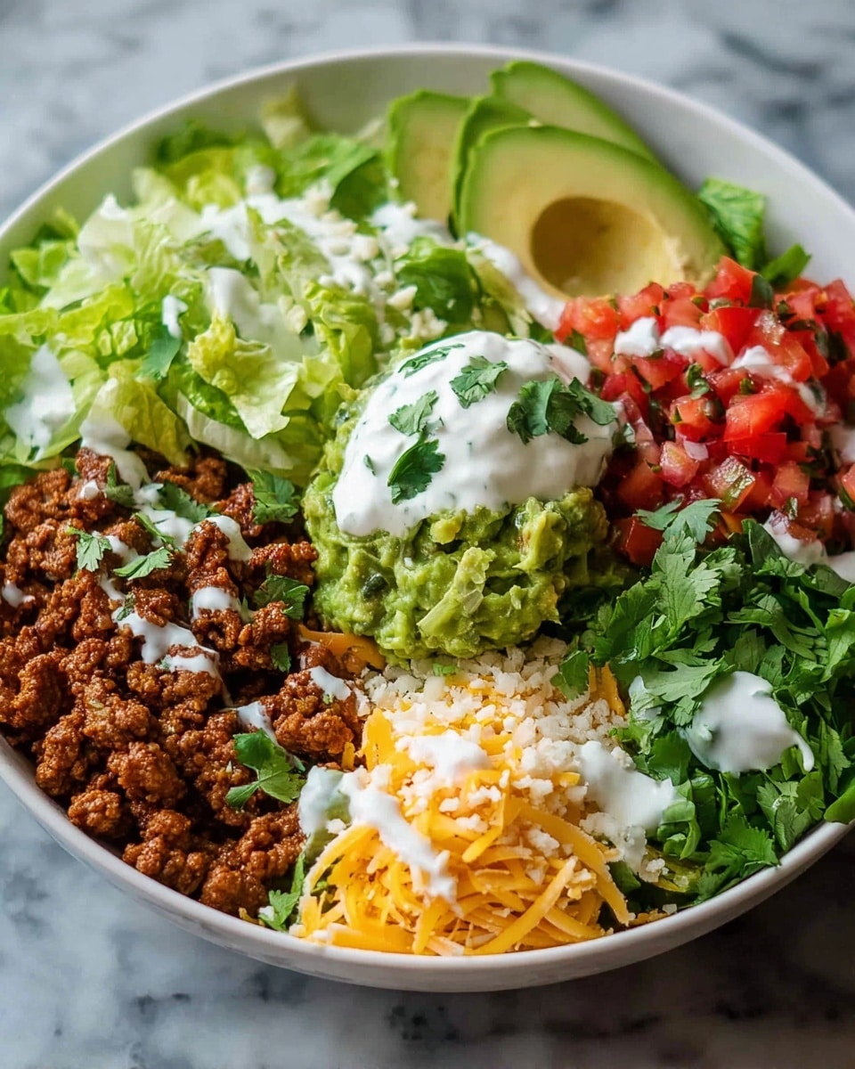 A white bowl filled with a colorful layered salad on a white marbled surface; starting with chopped green lettuce on the left side, topped with a white creamy dressing and sprinkled with green herbs; next to it, shredded yellow cheese with small white cheese crumbles; in the center, a scoop of light green guacamole garnished with a bit of white cream and green herbs; to the right of the guacamole, diced red tomatoes mixed with green herbs and a drizzle of white dressing; behind the guacamole, a few slices of bright green avocado; at the back of the bowl, crumbled cooked brown ground meat. photo taken with an iphone --ar 4:5 --v 7