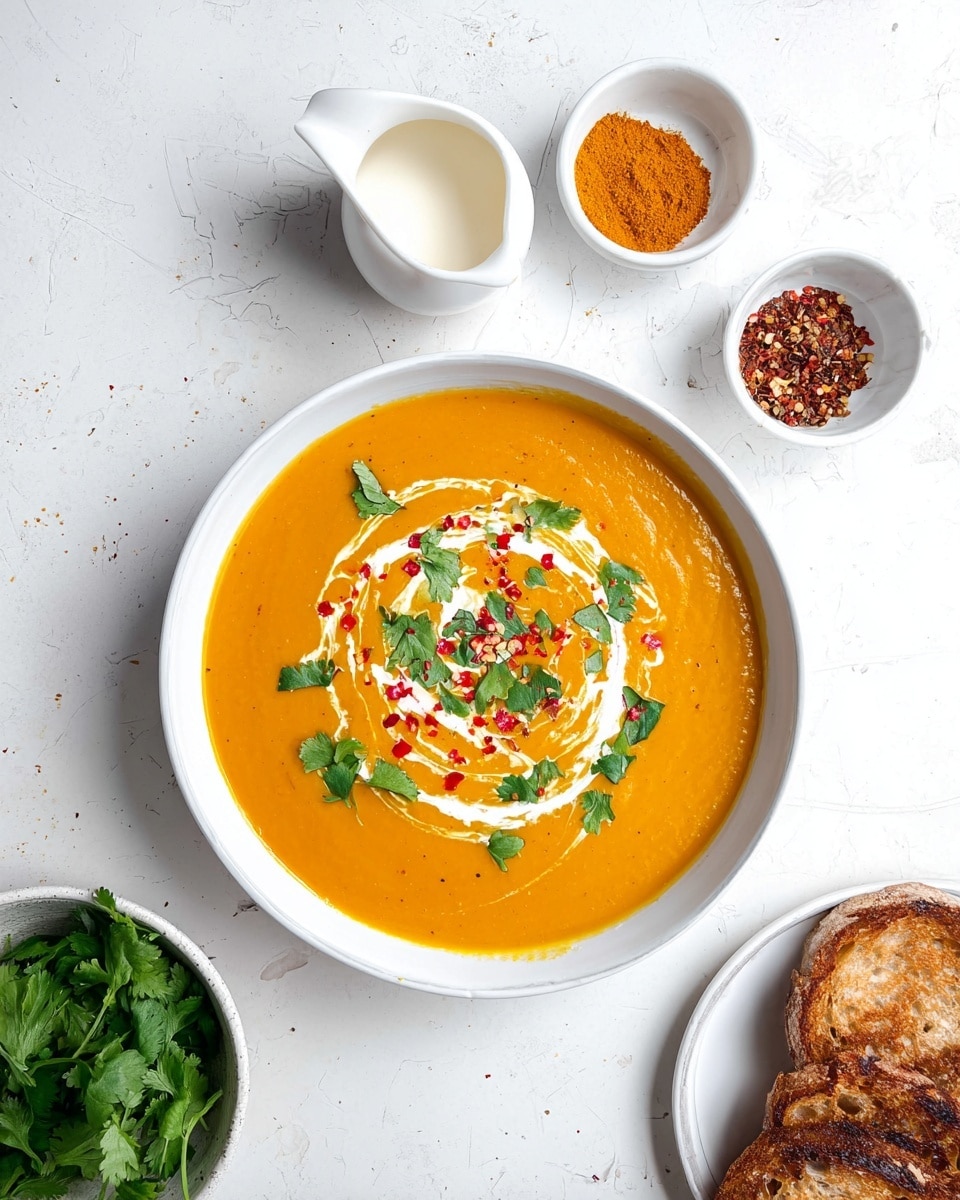 A white bowl filled with smooth, thick orange soup, topped with a swirl of white cream, green parsley leaves, and red chili flakes in the center. Around the soup bowl, there are small white bowls containing red, brown, and yellow spices. A small white jug with cream is placed above the soup bowl. To the lower left, there is a white bowl with fresh green herbs. On the right side, there is a white plate with two pieces of toasted brown bread. All items are set on a white marbled texture surface. photo taken with an iphone --ar 4:5 --v 7