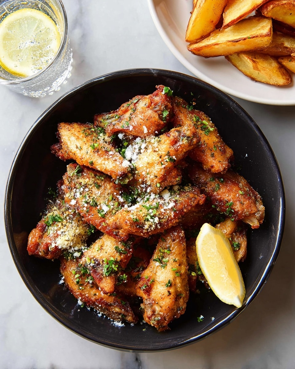 A black bowl filled with around twelve golden-brown fried chicken wings layered closely together, each wing showing crispy skin with a sprinkle of white grated cheese and chopped green herbs spread evenly on top. A bright yellow lemon wedge sits at the right edge inside the bowl. The bowl rests on a white marbled surface. At the top right corner, a white plate holds thick potato wedges, golden and crispy with a light seasoning visible on their skin. At the top left corner, a clear glass of sparkling water has a lemon slice floating inside, its bubbles rising upwards. photo taken with an iphone --ar 4:5 --v 7