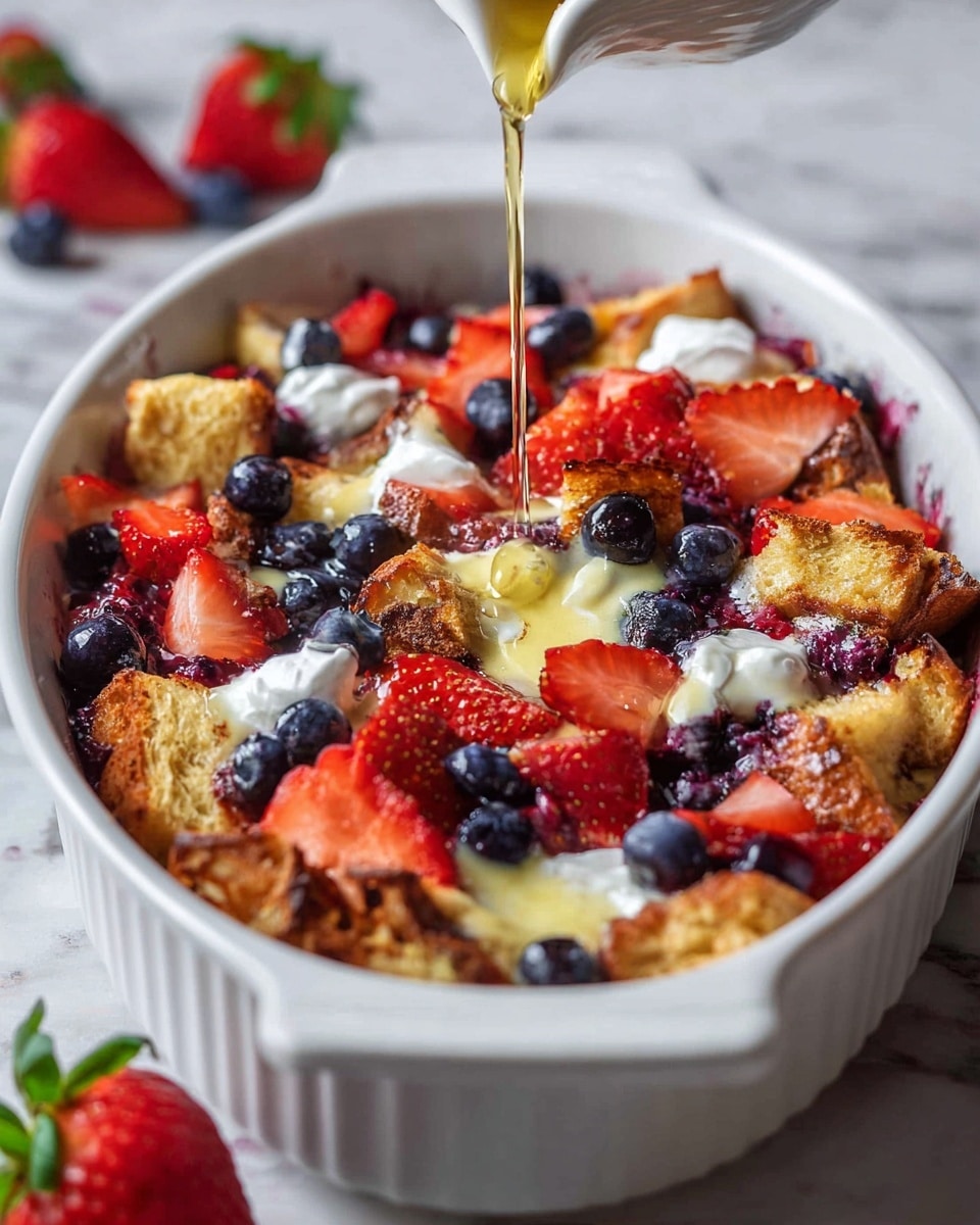 The image shows a white oval baking dish filled with a layered dessert. The bottom layer consists of toasted golden brown bread pieces, partially covered by a creamy, light yellow custard. On top of this are fresh blueberries and halved strawberries, their red and blue colors bright and fresh, scattered unevenly across the dish. Some dollops of white cream add softness in spots among the fruit. A thin stream of golden syrup is being poured over the top, adding a shiny glaze to the dish. The background is a white marbled surface with a few whole strawberries and blueberries blurred in the back. photo taken with an iphone --ar 4:5 --v 7