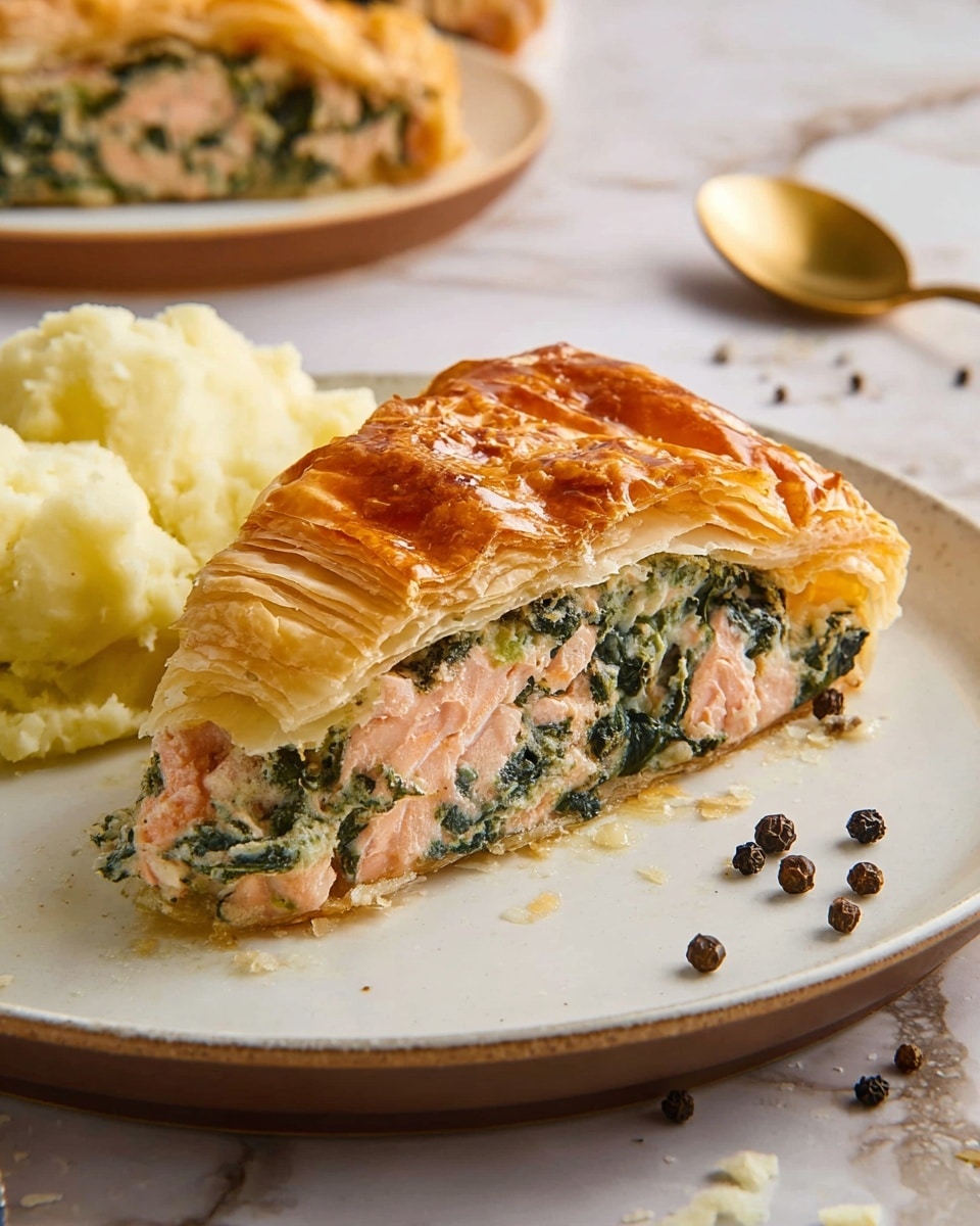 A close-up of a slice of golden-brown puff pastry pie on a white plate, showing three distinct layers inside: the flaky top crust with a shiny, slightly ridged surface; a middle layer of creamy green spinach mixed with melted cheese; and a bottom layer of pink cooked salmon chunks. The pie slice sits near a scoop of pale yellow mashed potatoes, with some whole black peppercorns and a golden spoon on the white marbled surface beside the plate. In the background, another slice of the pie is partly visible. Photo taken with an iphone --ar 4:5 --v 7