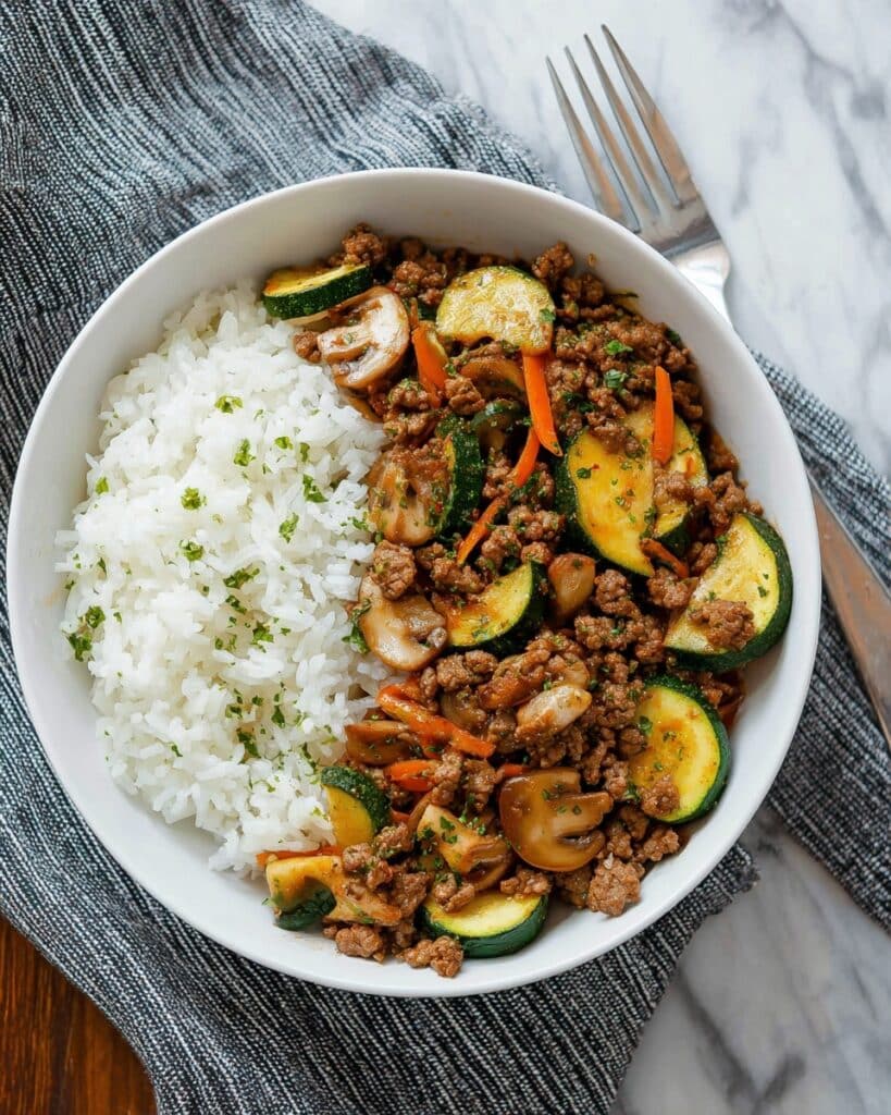 Ground Beef Stir Fry with Zucchini, Mushrooms, and Maple Soy Sauce Recipe