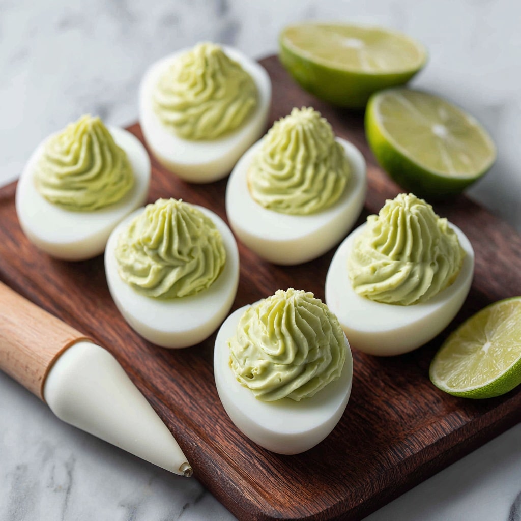 The image shows six halves of hard-boiled eggs arranged on a dark wooden board, each filled with a creamy green filling piped in a swirl pattern on top. The egg whites are bright white and smooth, while the green filling has a soft, slightly textured look. Near the eggs, there is a white piping bag filled with the same green mixture, with its tip resting on the board. A wedge of lime with bright green skin and juicy flesh sits on the wooden surface near the eggs. The background is a white marbled texture. Photo taken with an iphone --ar 4:5 --v 7