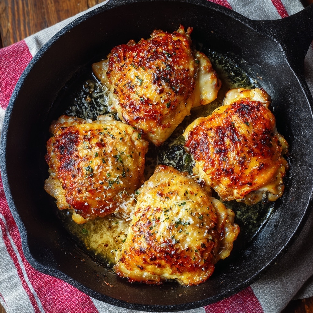 The image shows four browned and crispy chicken thighs cooking in a black cast iron skillet. Each chicken thigh is golden-brown on top with a slightly textured surface that looks crunchy, and some melted cheese is visible sprinkled over them. The skillet sits on a red and white striped cloth, all placed on a wooden surface. The contrast between the dark skillet and the warm colors of the chicken thighs highlights the cooked food well. photo taken with an iphone --ar 4:5 --v 7