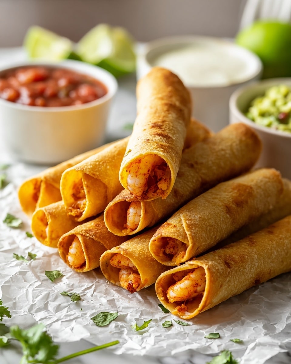 The image shows a pile of golden brown rolled tacos with a crispy texture, each about two layers thick, with the top layer clearly displaying a slightly cracked, crunchy surface, and the inside filled with seasoned shrimp pieces that are orange and white, peeking from the open ends. The tacos are placed on crumpled white parchment paper, scattered with small green herb pieces. In the background are several white bowls, one filled with red salsa, another with creamy white sauce, and a third containing guacamole with a chunky texture. Half a lime and some fresh green leaves add more color behind the bowls. The whole setup sits on a white marbled surface, captured with soft natural light. photo taken with an iphone --ar 4:5 --v 7