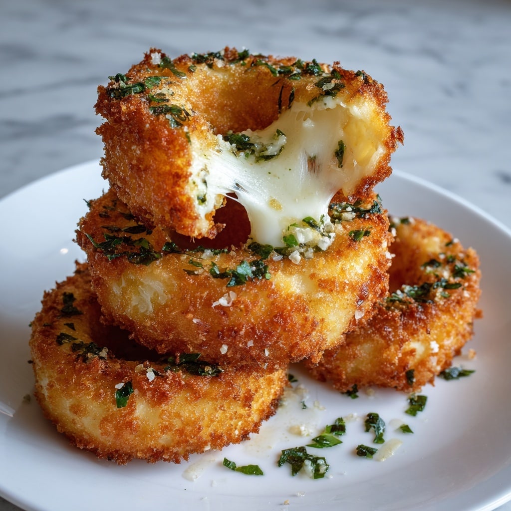 A white plate holds a stack of four golden-brown fried cheese rings. The top ring is broken open, showing melted white cheese stretching out with small green herb flakes on it. Each ring has a crunchy texture with crispy brown edges and sprinkled green herbs on top and around the plate. The background is a smooth white marbled surface. photo taken with an iphone --ar 4:5 --v 7