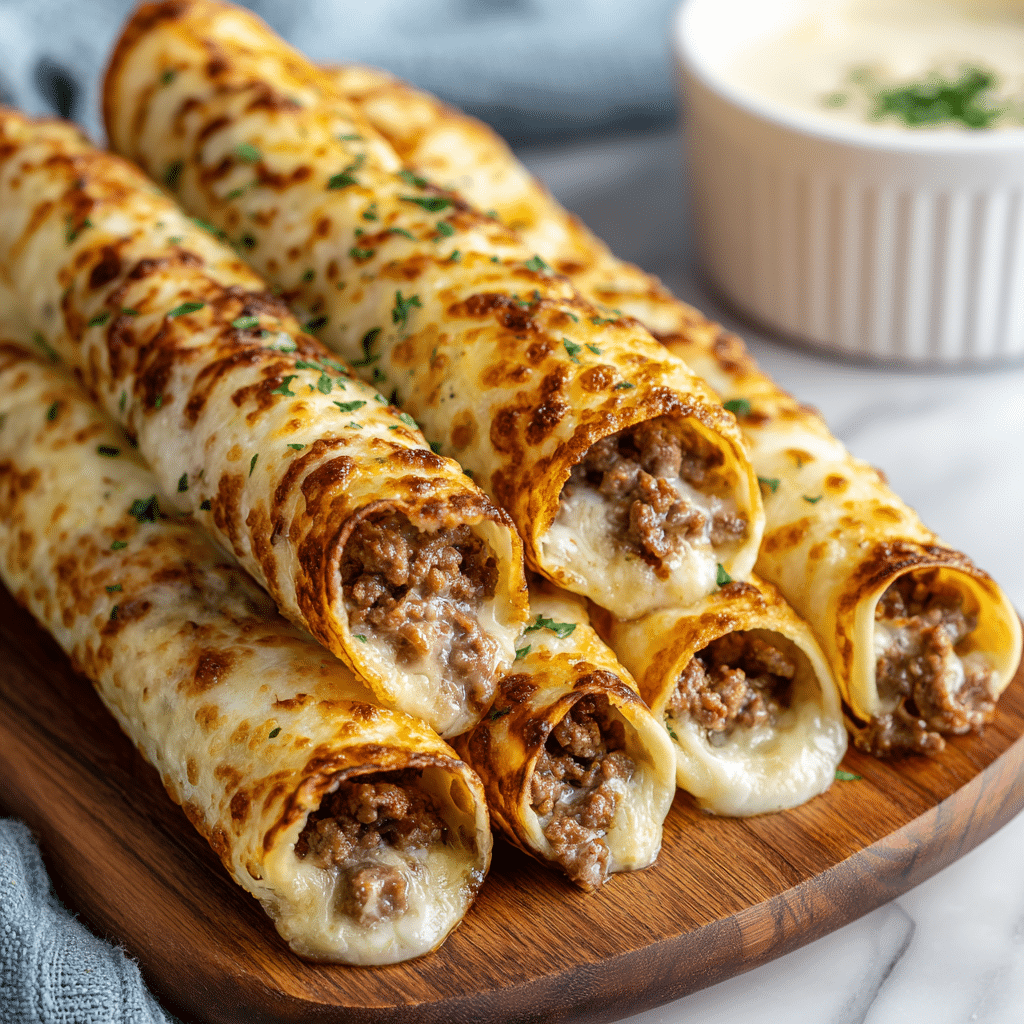 A close-up of six rolled crepes filled with brown cooked ground meat and melted white and yellow cheese inside. The crepes are golden with brown crispy spots and covered with a bubbly melted cheese layer on top, sprinkled lightly with chopped green herbs. They are laid close together on a wooden board, with a white ramekin in the blurred background and a soft blue cloth partially visible underneath. The setting has a white marbled texture surface. photo taken with an iphone --ar 4:5 --v 7