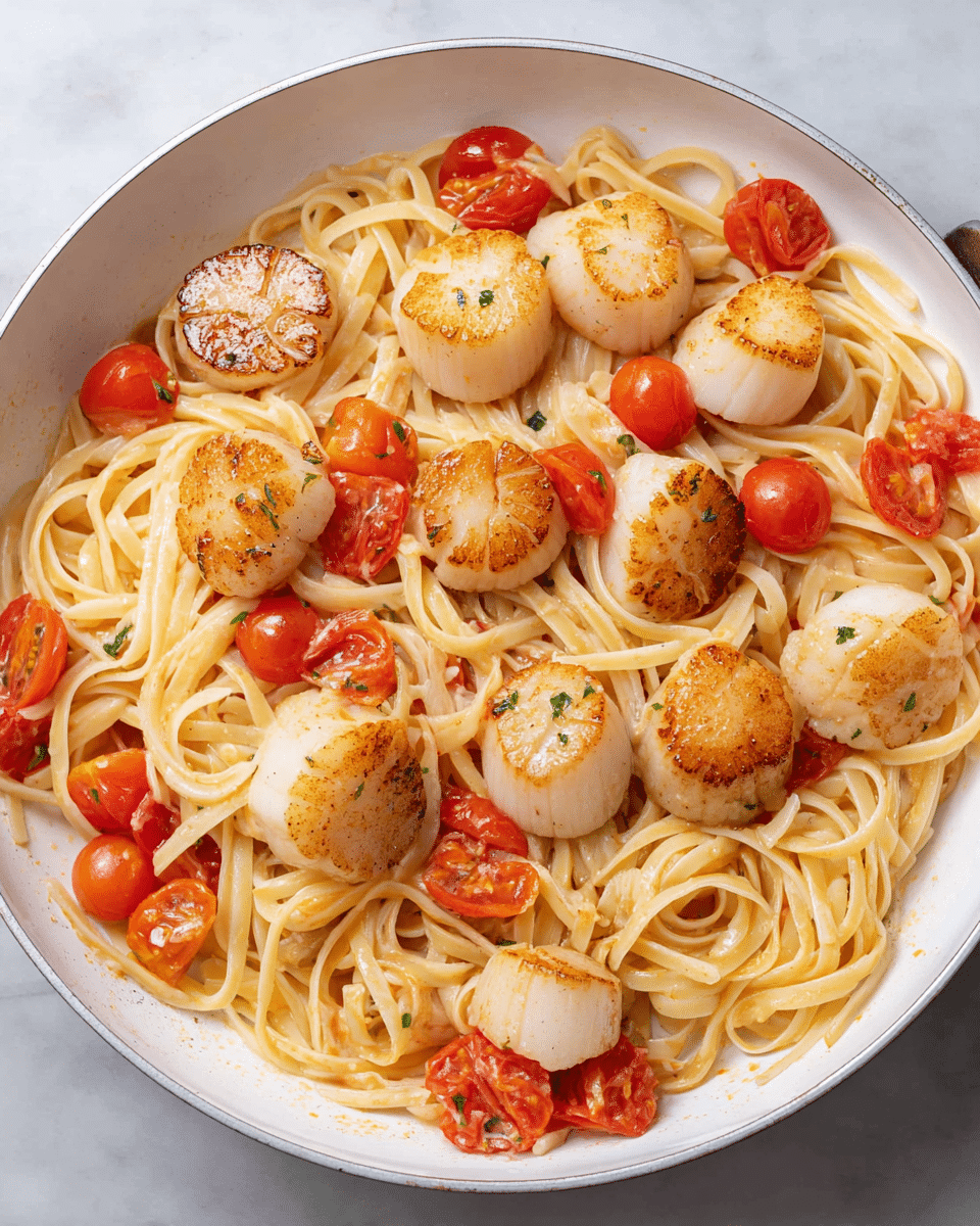 A white pan filled with a mix of cooked linguine pasta, light golden-brown seared scallops placed evenly on top and throughout, and bright red cherry tomatoes, some whole and some halved, scattered among the pasta strands. The pasta is light yellow and slightly glossy, while the scallops have a tender, slightly textured surface with a light crust. The vibrant red of the tomatoes adds a fresh color contrast. The pan rests on a white marbled texture surface, giving a clean and fresh backdrop. Photo taken with an iphone --ar 4:5 --v 7