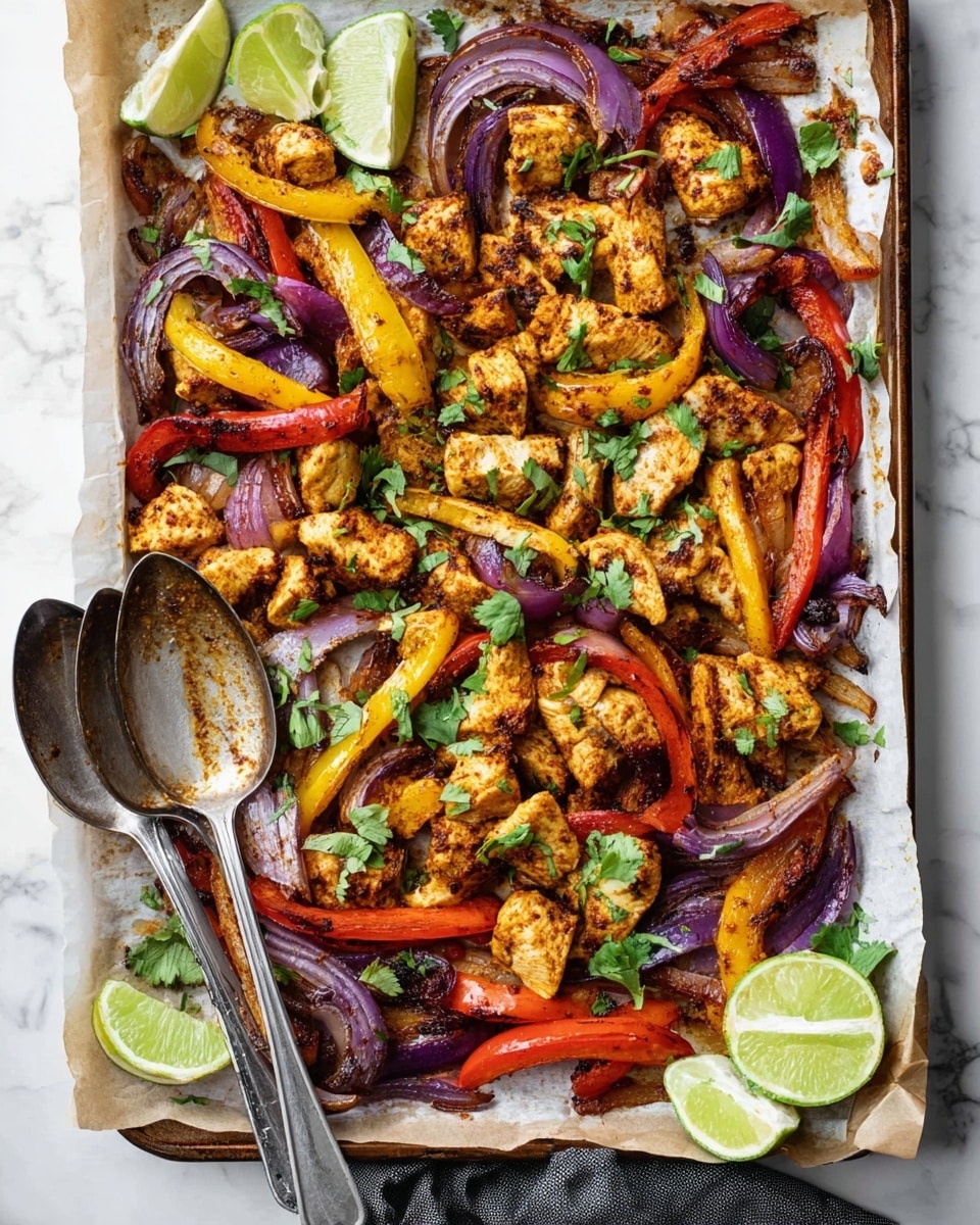 The image shows a baking tray lined with brown parchment paper holding a colorful mix of cooked vegetables and tofu. There are thick slices of red and yellow bell peppers, and curved strips of red onion all spread across the tray, interspersed with golden-brown tofu pieces seasoned with spices. Bright green cilantro leaves are scattered on top, adding freshness, and three lime wedges sit near the bottom right corner. Two metal spoons rest on the left side of the tray. The whole scene sits on a white marbled surface. photo taken with an iphone --ar 4:5 --v 7