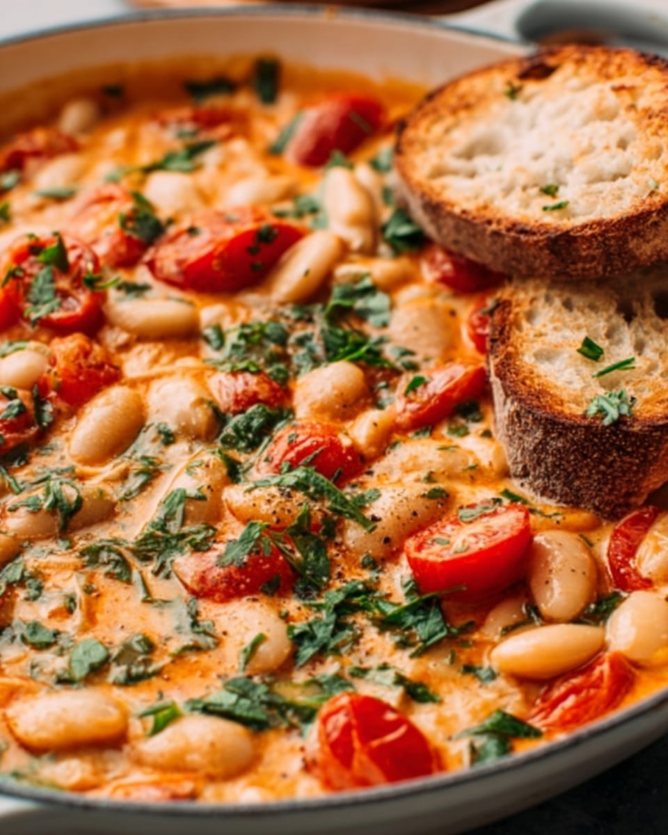 A close-up image of a white skillet filled with a creamy orange sauce layered with large white beans, small red cherry tomatoes, and fresh green herbs sprinkled on top. Along one edge of the skillet, two toasted slices of brown bread rest partially submerged in the sauce. The sauce looks smooth and rich with a slight shine, and the beans and tomatoes are scattered evenly across the dish. Photo taken with an iphone --ar 4:5 --v 7