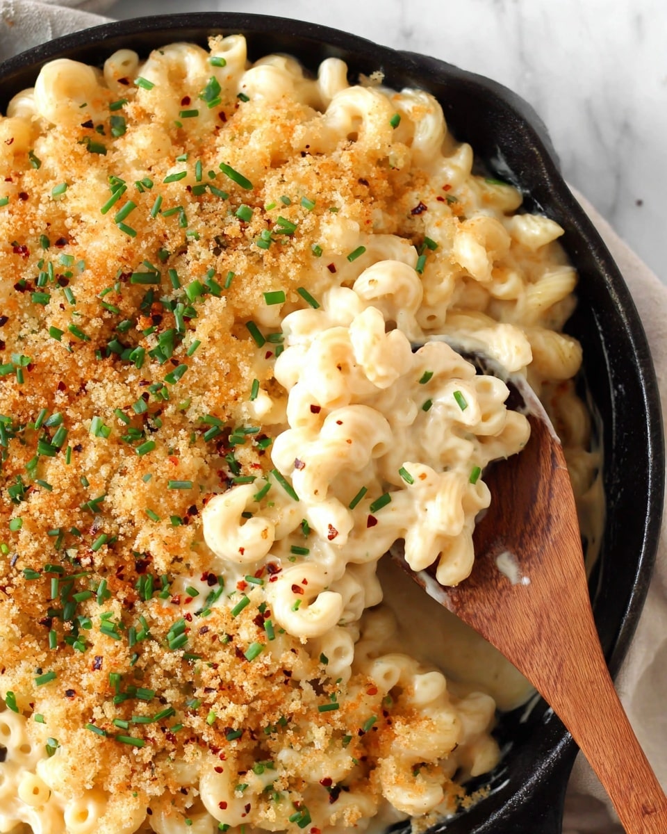 A close-up top view of creamy macaroni pasta served in a black cast-iron pan on a white marbled texture. The macaroni is covered in a smooth, light beige cheese sauce and topped with a golden-brown breadcrumb crust sprinkled with bright green chopped chives. A wooden spoon scoops a portion, showing the thick cheese coating and soft pasta curls, with scattered red pepper flakes adding specks of red. The setting is bright and clean, highlighting the textures and colors of the dish. Photo taken with an iphone --ar 4:5 --v 7