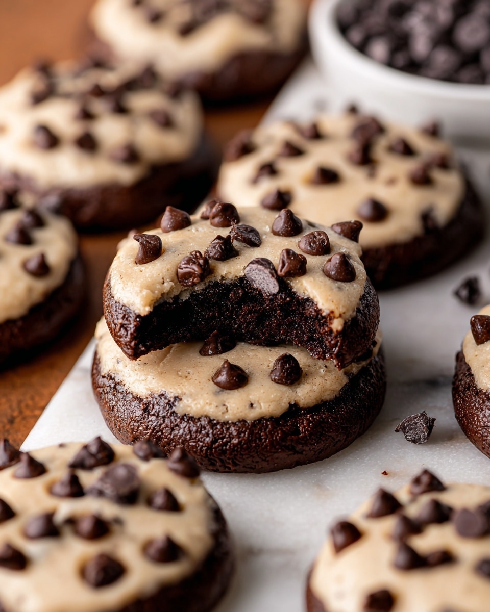 The image shows chocolate cookies topped with a thick layer of creamy, light beige dough mixed with many small dark chocolate chips. Each cookie has one round dark brown base layer and one thick top layer that looks soft and chunky with scattered chocolate chips all over. The focus is on one stacked cookie where the top cookie has a large bite taken from it, showing the soft inside of both layers. The cookies are placed on a white marbled surface with a white bowl filled with dark chocolate chips blurred in the background. photo taken with an iphone --ar 4:5 --v 7