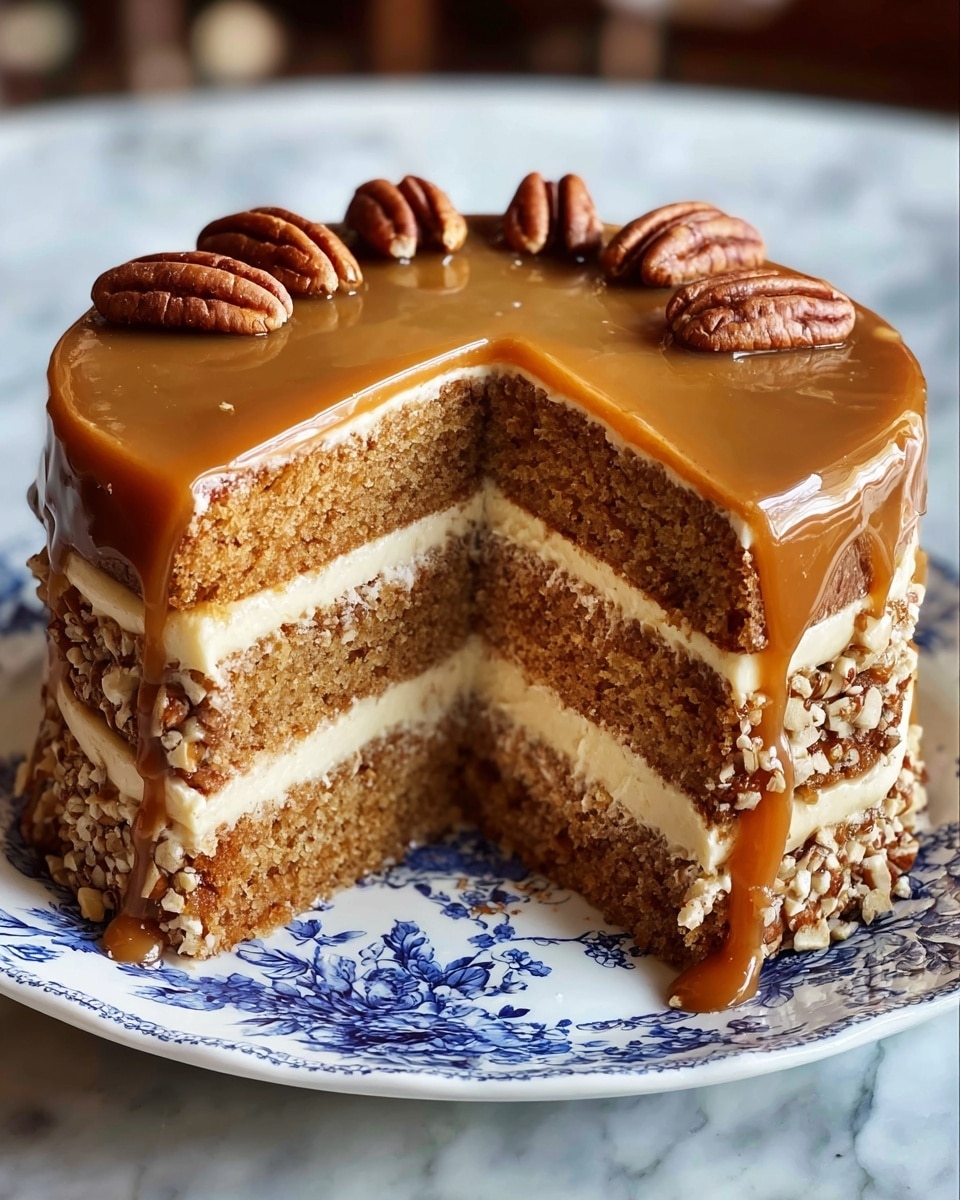 The image shows a close-up of a multi-layered rectangular cake with four thick layers of light brown cake, each separated by smooth, creamy light caramel filling mixed with chopped pecans. The top layer is covered with a thick, glossy caramel glaze that drips slightly over the edges, and it is decorated with whole pecans arranged in a neat row. The texture of the cake layers looks soft and moist while the filling appears rich and smooth, and the background is a white marbled surface. Photo taken with an iphone --ar 4:5 --v 7
