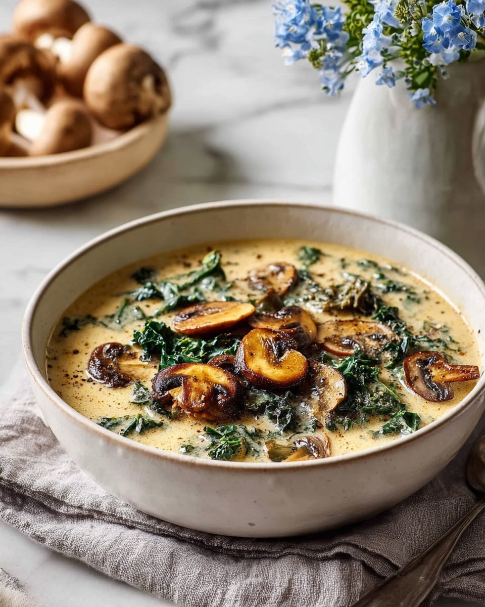 A white bowl filled with creamy soup, showing a top layer of browned sautéed mushrooms with a rich golden-brown color and slight shine, mixed with dark green kale leaves that add texture and color contrast; the soup base is a pale beige cream with visible black pepper specks and a smooth texture. The bowl sits on a soft gray cloth atop a white marbled surface, with a blurred light brown bowl of whole mushrooms and a white vase with blue flowers visible in the background. photo taken with an iphone --ar 4:5 --v 7