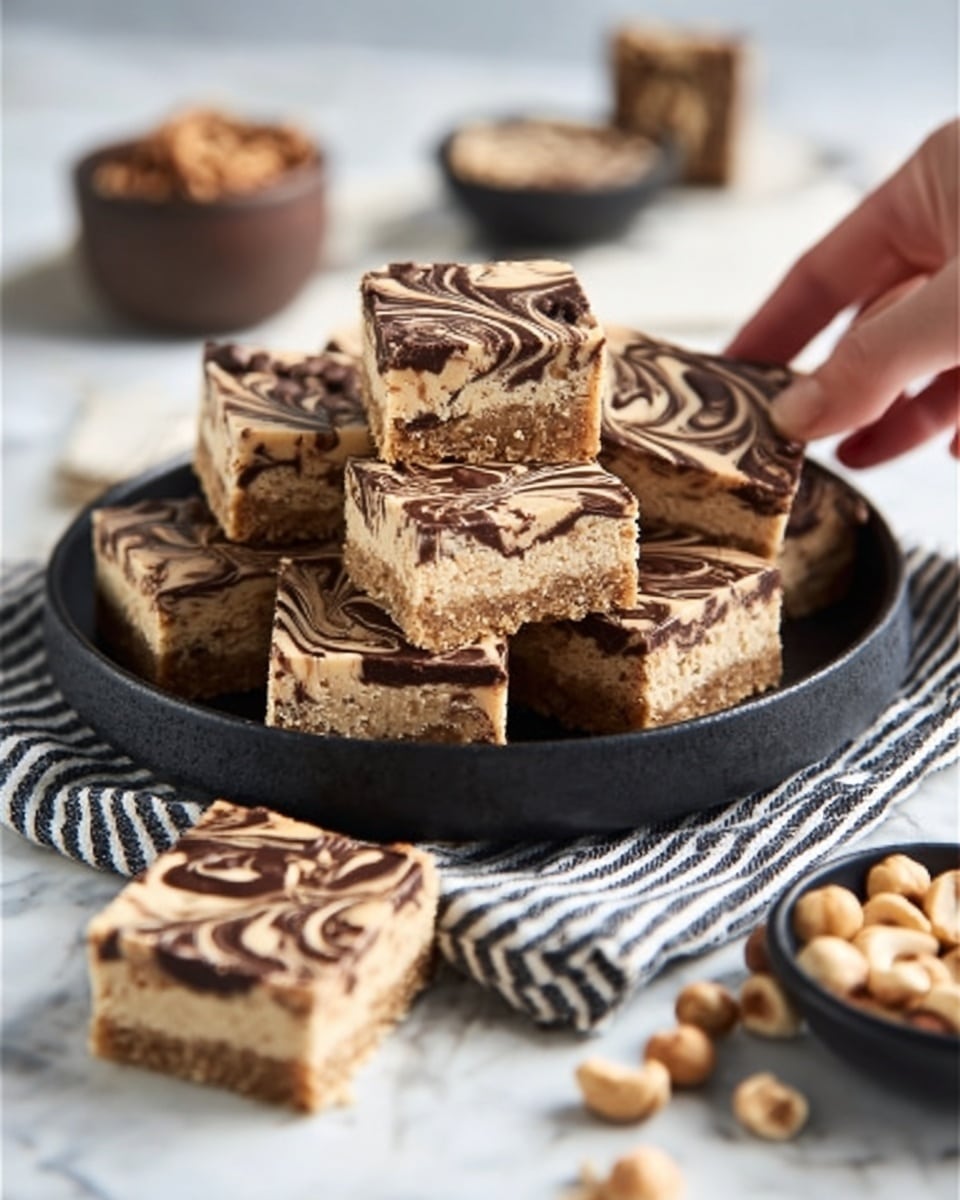 The image shows a black round tray filled with square dessert bars that have two distinct layers. The bottom layer is a thick, light brown crispy base, and the top layer is a smooth, light brown and dark brown swirled chocolate with a shiny texture. The bars are arranged neatly in the tray, with some more bars visible on the white marbled surface around the tray. In the background, there is a white cup and a small white bowl filled with hazelnuts, all placed on the white marbled surface. A woman's hand is seen, reaching for one of the bars. The photo taken with an iphone --ar 4:5 --v 7