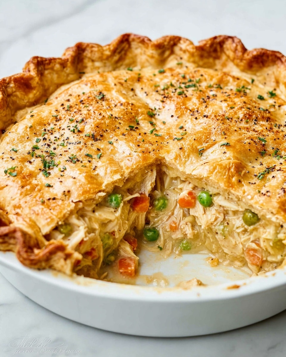 A golden-brown pie with a flaky top crust sits in a white round ceramic baking dish on a white marbled surface. The crust is thick with crimped edges all around, sprinkled lightly with black pepper and chopped green herbs. A slice is missing, revealing three layers inside: the top layer is a smooth, browned crust, the middle layer is a creamy mix with shredded pieces of white chicken, bright green peas, and small orange carrots, and the bottom layer is a golden crust holding the filling. The inside looks moist and rich, with hints of herbs. Photo taken with an iphone --ar 4:5 --v 7