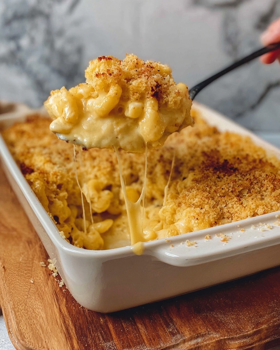 The image shows a white rectangular baking dish filled with macaroni and cheese. The top layer is golden brown with a crunchy breadcrumb crust, evenly spread and slightly browned in spots. Underneath, there are creamy, thick yellow cheese sauce layers coating elbow macaroni, which looks soft and gooey. A woman's hand is holding a spoon lifting a large, thick square portion from the dish, revealing the melted cheese dripping slightly from the edges. The dish sits on a brown wooden surface with a white marbled texture in the background. photo taken with an iphone --ar 4:5 --v 7