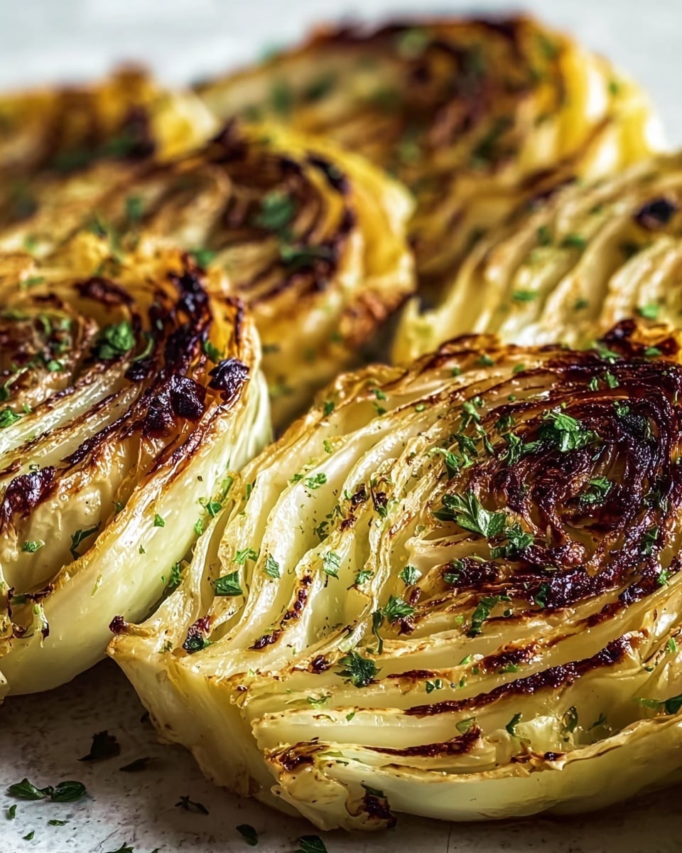 Close-up view of several grilled cabbage slices arranged closely together, each showing multiple curved layers of light yellow to pale green cabbage with golden-brown char marks on the edges and surface. The texture looks soft and slightly crispy with flakes of fresh chopped green herbs sprinkled evenly on top. The background is a white marbled texture. photo taken with an iphone --ar 4:5 --v 7