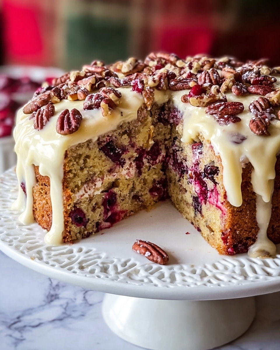 A round cake with one slice removed sits on a white decorative cake stand. The cake has three visible layers: a golden brown base with dark red berries mixed inside, a lighter yellowish middle layer with red berries, and a top layer of creamy white icing that slightly drips down the sides. The icing is decorated with whole pecans and chopped nuts evenly spread on top. The background is softly blurred with hints of red and green, and the surface under the stand is a white marbled texture. photo taken with an iphone --ar 4:5 --v 7