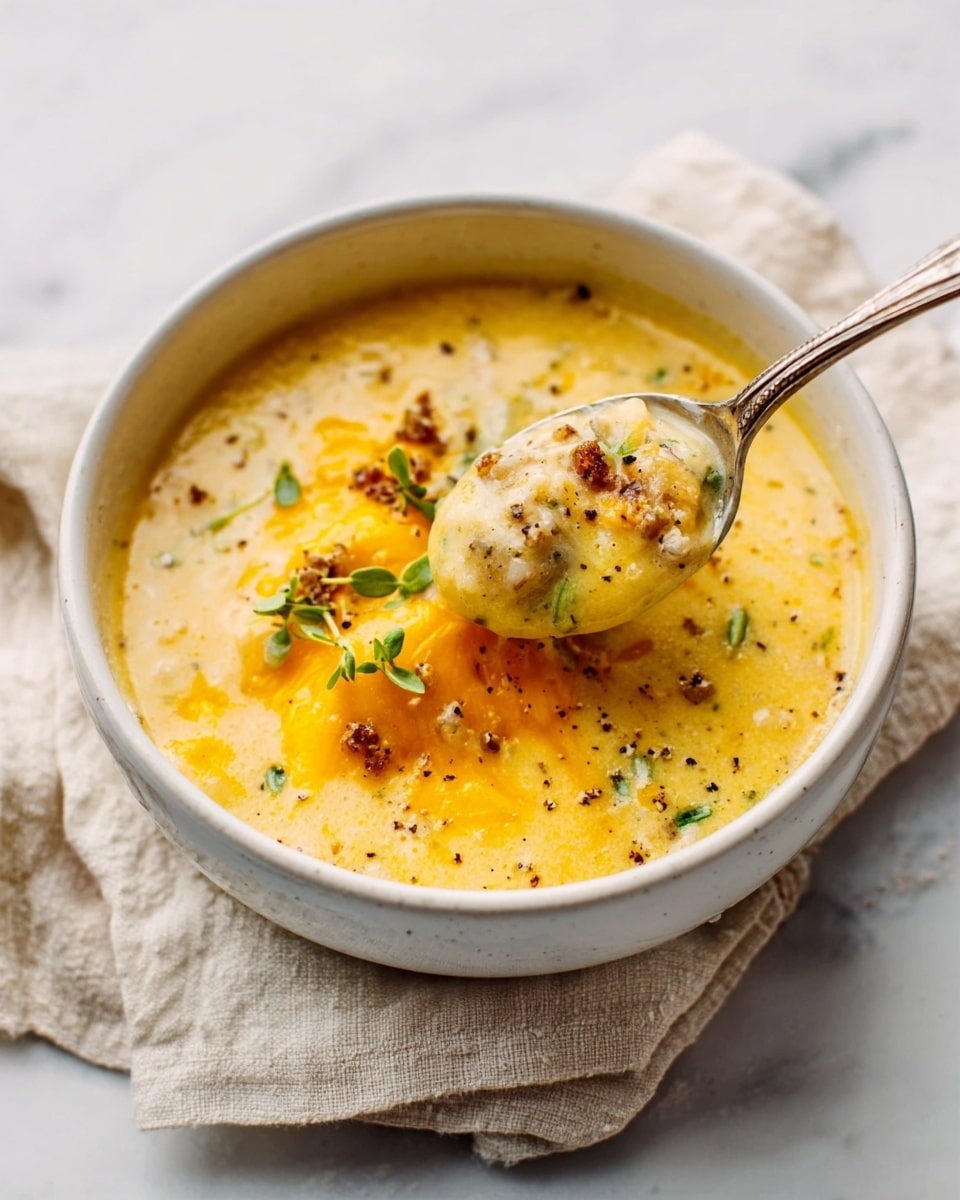 A white bowl filled with creamy yellow soup with melted orange cheese on top, sprinkled with small brown bits and green herb leaves. A spoon is lifting some soup, showing a thick texture with soft chunks inside. The bowl sits on a light-colored cloth on a white marbled surface. photo taken with an iphone --ar 4:5 --v 7