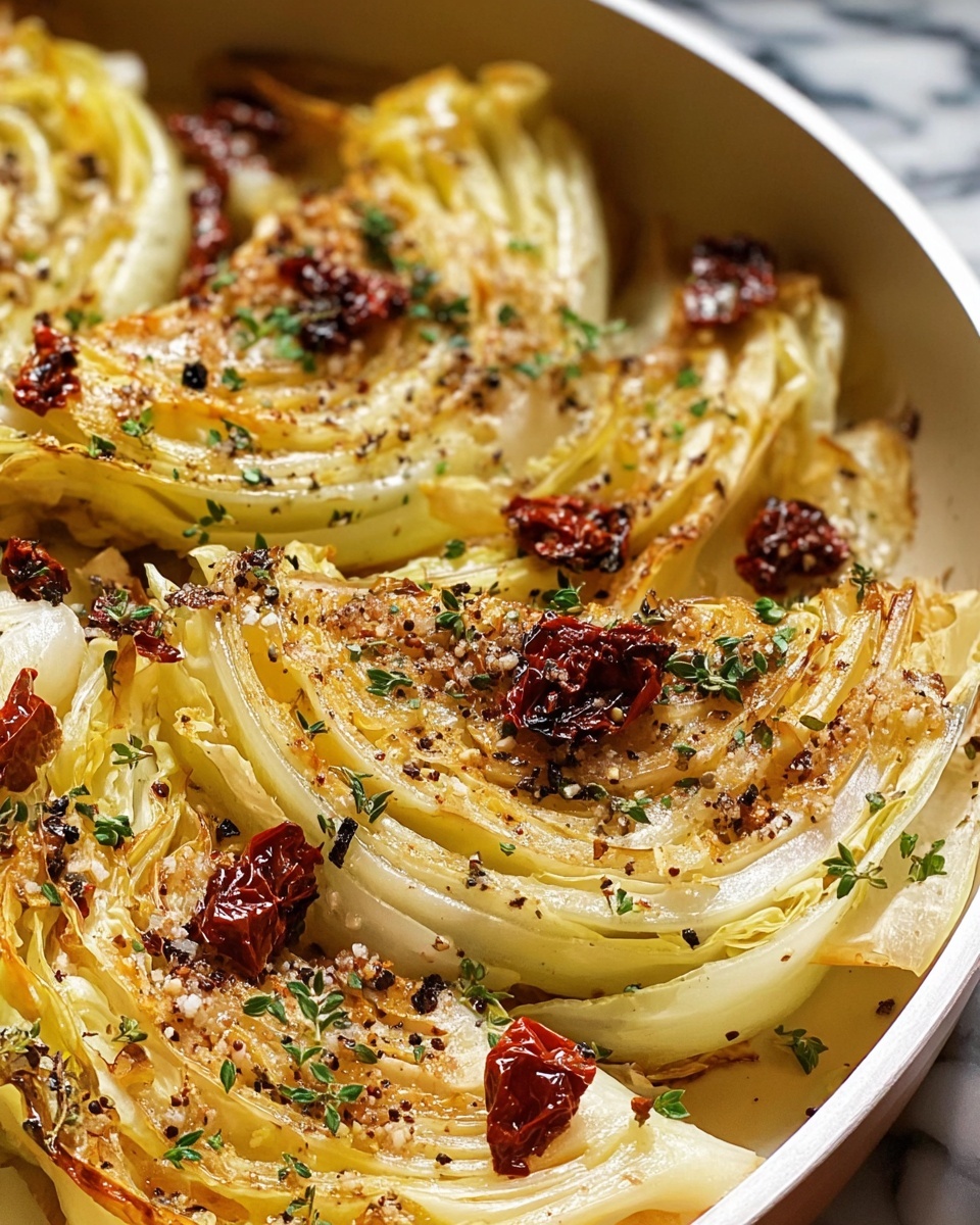 The image shows a close-up of roasted cabbage wedges arranged in a white pan, each wedge consisting of multiple layers of pale yellow leaves with golden-browned, crispy edges. Scattered on top are small pieces of dark red dried tomatoes and a light sprinkle of green herbs, adding color contrast. The cabbage is also seasoned with visible black pepper and coarse salt, creating a textured, slightly crunchy appearance on the surface. The background features a white marbled texture that highlights the warm tones of the dish. Photo taken with an iphone --ar 4:5 --v 7
