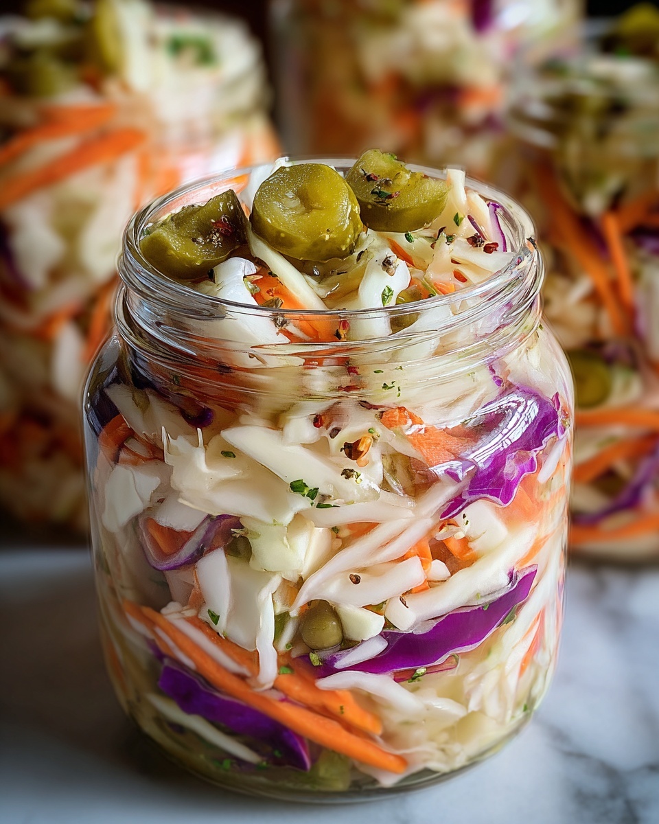 A clear glass jar filled with a colorful layered coleslaw mix sits on a wooden board over a white marbled surface. The bottom layer contains shredded white and purple cabbage with thin orange carrot strips mixed in. Above this is a visible layer of sliced pickles with a greenish tint and scattered black seeds. The top layer is a mix of shredded cabbage, carrot, and purple cabbage with a glossy finish from light dressing and small red pepper flakes sprinkled over the vegetables. The jar is open and the contents look fresh and crunchy. Photo taken with an iphone --ar 4:5 --v 7