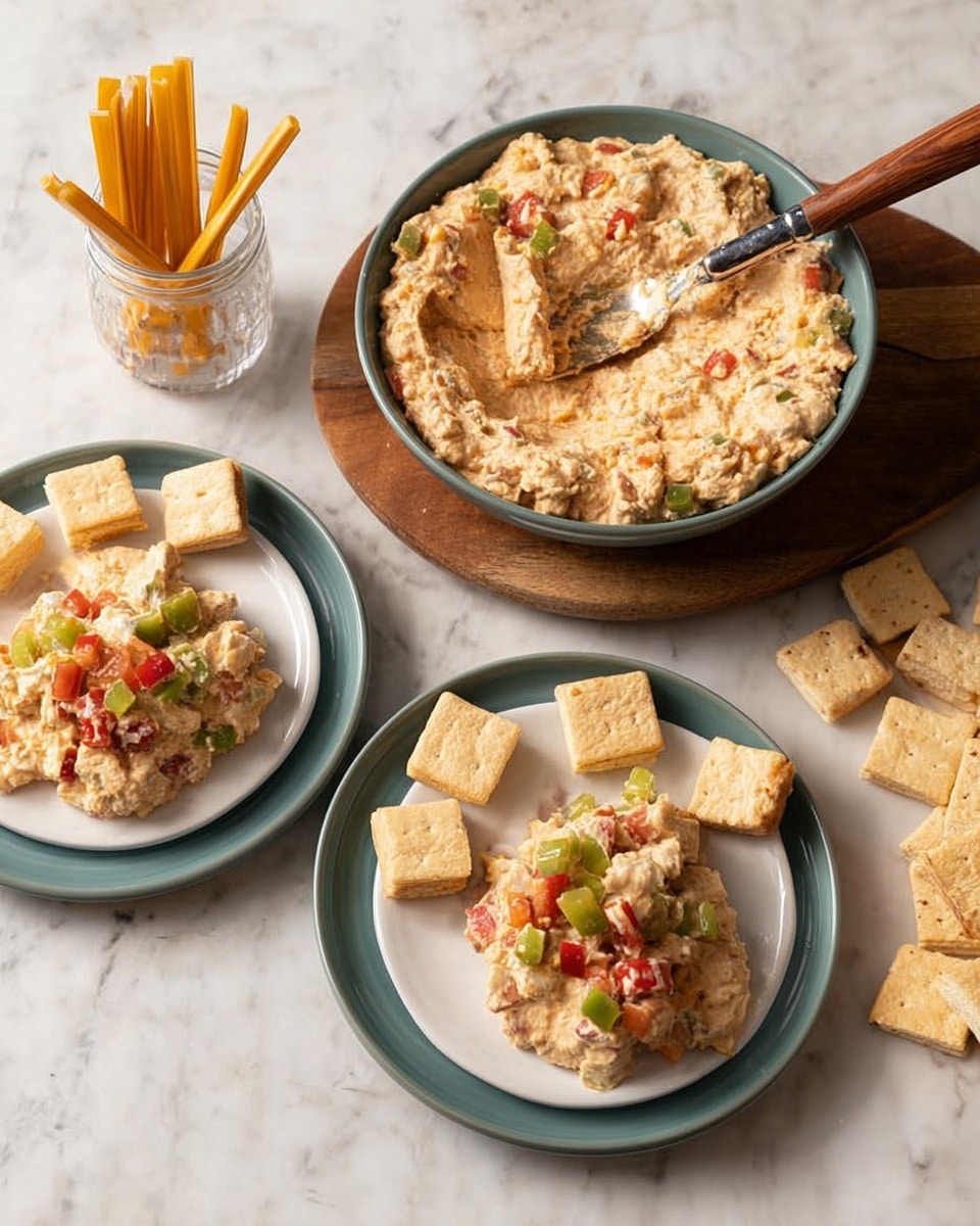 A round brown bowl is filled with a thick dip that has a creamy, chunky texture in light brown color, topped with small pieces of red tomato and green pickles scattered on top. The bowl sits on a black paddle-shaped serving board. Surrounding the bowl are two types of crackers: on the left and below the bowl there are square toasted bread cubes in light golden brown, while in the front are rectangular light beige crackers stacked neatly. A silver spoon with some of the dip rests on the right side of the serving board. In the background, there are two white plates with more bread cubes and dip, placed on a table with a white marbled texture. Photo taken with an iphone --ar 4:5 --v 7