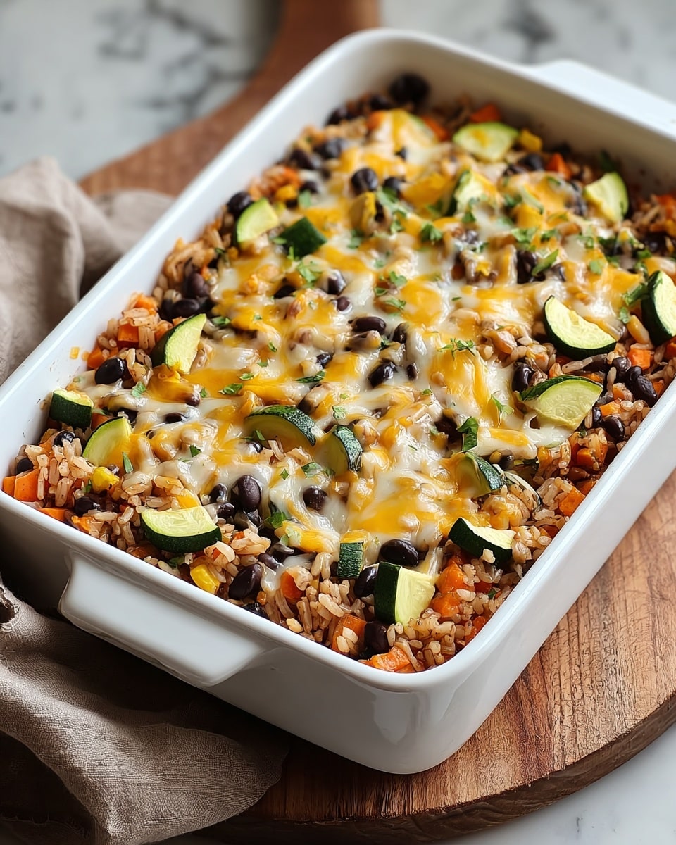 The image shows a white rectangular baking dish filled with a baked casserole made of cooked rice as the bottom layer with a light brown to golden tone mixed with small pieces of orange carrot. The middle layer includes black beans and chunks of green zucchini scattered evenly throughout, giving a fresh and colorful appearance. The top layer features melted yellow cheese drizzled across the surface, covering some of the vegetables and rice. The dish is sitting on a wooden board with a beige cloth nearby, all placed on a white marbled surface. Photo taken with an iphone --ar 4:5 --v 7