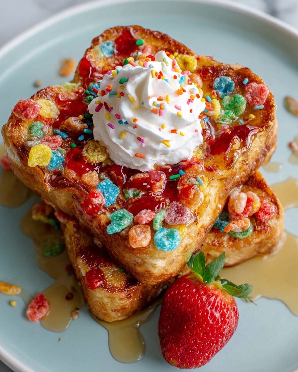 The image shows several slices of French toast coated with colorful cereal pieces, arranged in groups on white plates and a white tray lined with parchment paper. One plate displays a stack of two slices topped with a swirl of white whipped cream and sprinkled with more cereal pieces, surrounded by a few whole red strawberries. Another plate holds a neat stack of three cereal-coated French toasts with bright, multicolored cereal bits on top. The white tray also contains multiple slices with the same cereal topping. Scattered cereal pieces and fresh strawberries fill empty spaces on a white marbled surface, while two glass bottles of white milk with striped paper straws add to the breakfast scene. photo taken with an iphone --ar 4:5 --v 7
