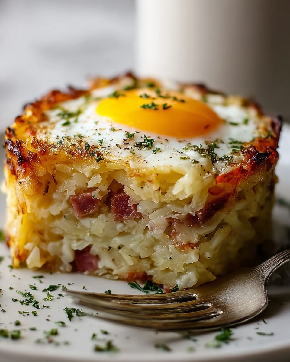 A square-shaped layered dish with a crispy golden-brown outer edge sits on a white plate, with visible layers of creamy potato and bits of red ham inside. On top is a cooked sunny-side-up egg with a bright yellow yolk in the center, surrounded by a white egg white layer that slightly spills over the edges. Green chopped chives and a small bunch of microgreens are sprinkled on the egg, along with ground black pepper. There is a silver fork placed behind the dish on the plate, and the background features a white marbled texture. photo taken with an iphone --ar 4:5 --v 7