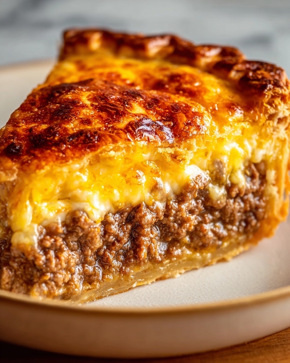 A close-up of a slice of meat pie showing three main layers: the bottom layer is a golden flaky crust with a slight shine, the middle layer is a thick filling of finely ground brown meat with a moist texture, and the top layer is a browned, bubbly cheese topping with a deep golden color and crispy edges. The slice is placed on a white plate with a smooth, slightly shiny surface, set against a white marbled texture background. Photo taken with an iphone --ar 4:5 --v 7