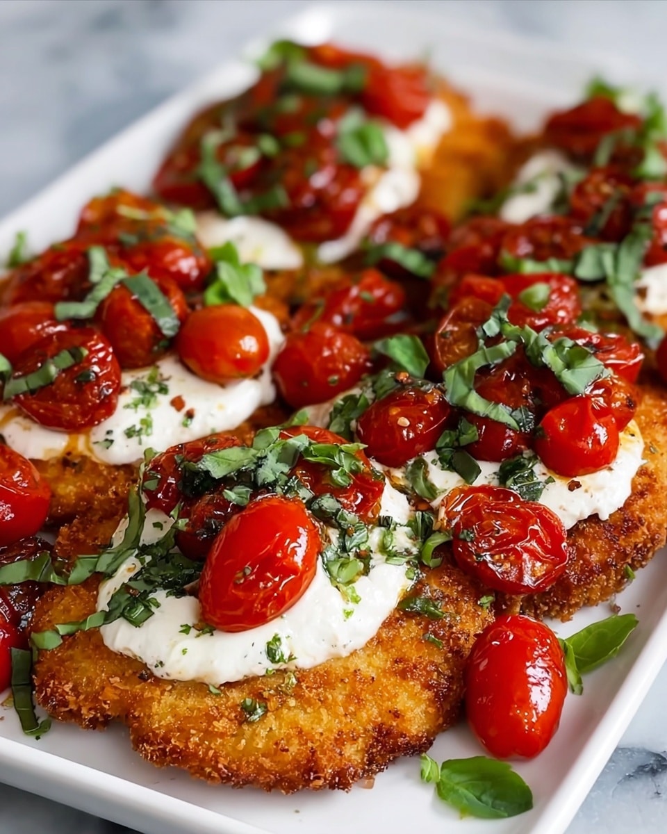 The dish shows several golden brown, crispy fried pieces placed closely together on a white plate with a white marbled surface beneath. Each fried piece is topped with a thick, creamy white layer that looks soft and smooth. On top, there are bright red cherry tomatoes, some halved and some whole, slightly roasted with dark char marks. Fresh green basil leaves, both whole and chopped, are scattered lightly over the dish adding a fresh contrast. A light drizzle of dark balsamic glaze or sauce is visible, giving a shiny texture and depth to the toppings. photo taken with an iphone --ar 4:5 --v 7